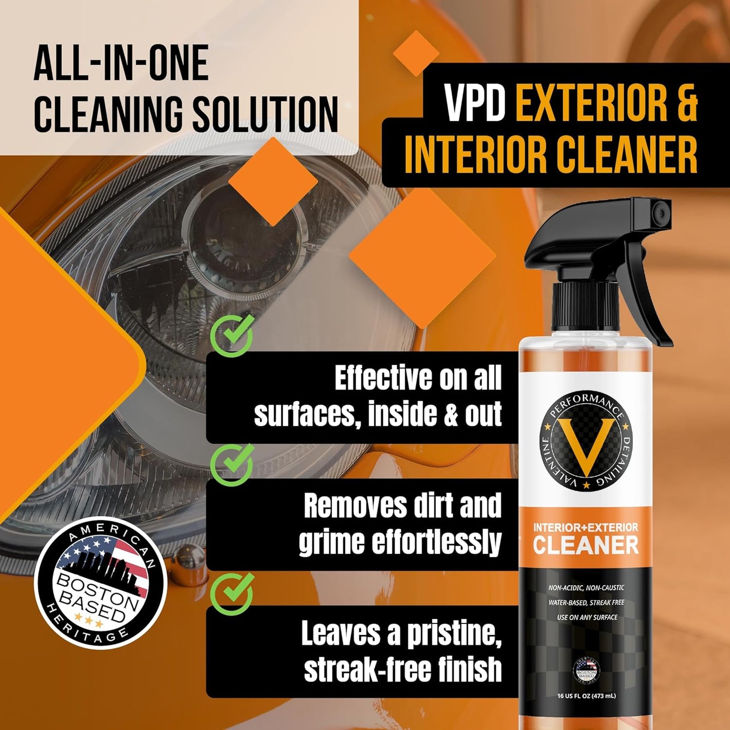 VPD Car Interior & Exterior All Purpose Cleaner 16oz - Versatile Interior & Exterior Use, Safe & Effective Non Acidic Formula, Removes Grease, Grime & Dirt, Engine & Rim Cleaner, Citrus Scent