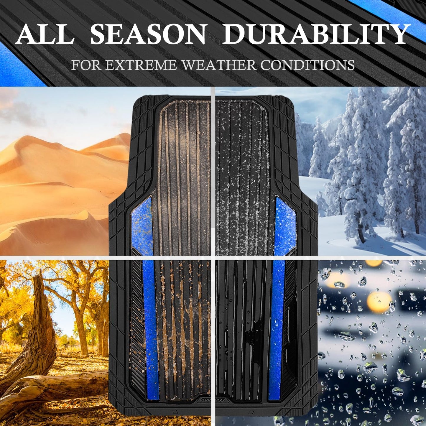 CAR PASS Heavy Duty Rubber Car Mats Metallic,Aluminum Film All Weather Floor Mats Waterproof Universal Trim to Fit Automotive SUV Sedan Van 4 Piece Anodized Deep Dish Two-Tone Sporty Black Blue Chrome
