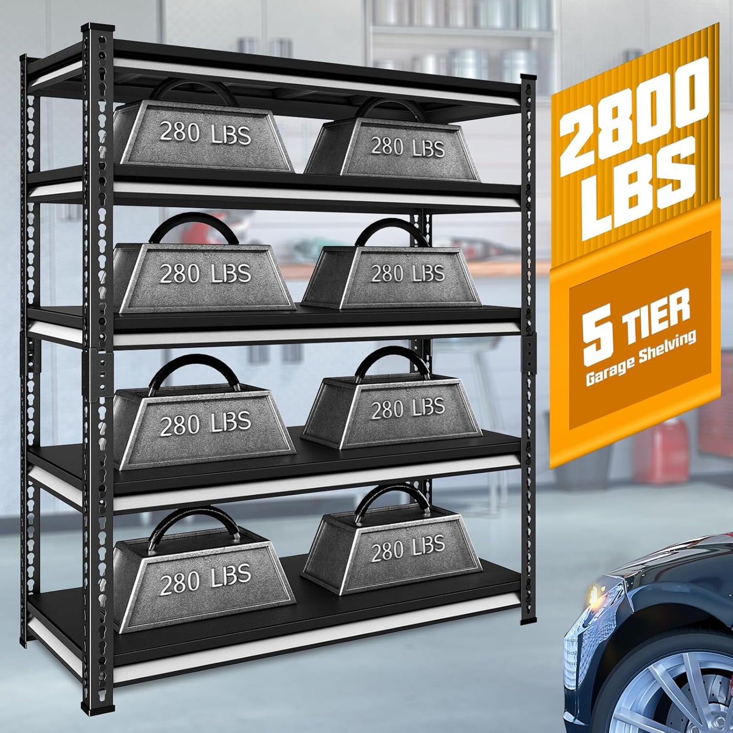 48" W Garage Shelving Heavy Duty, 2800LBS Loads Adjustable Garage Storage Shelves, 5-Tier Metal Shelving Units and Storage Racks, Industrial Utility Shelf,48" Wx18 Dx78 H, Black