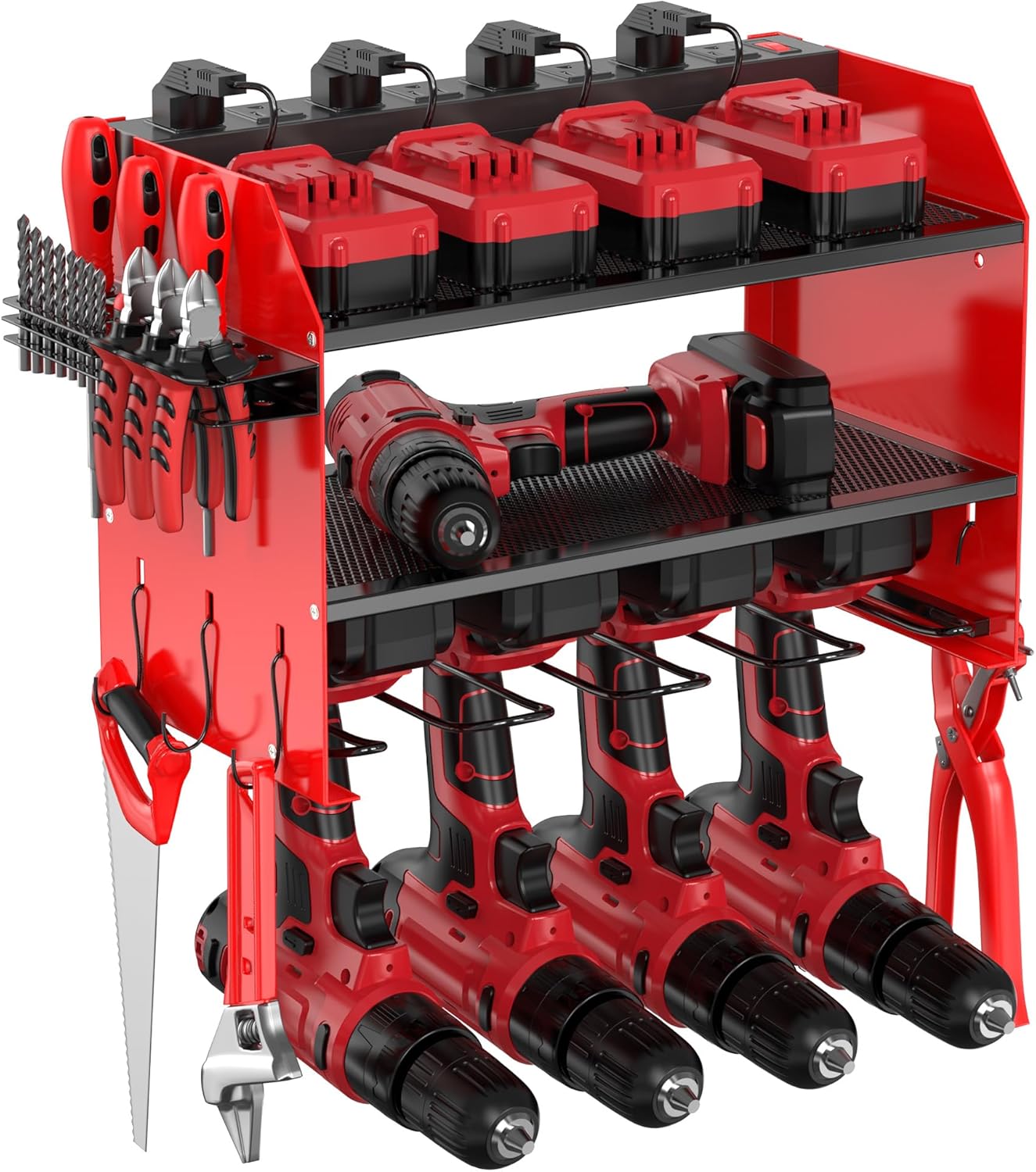 3-Tier Modular Drill Holder & Power Tool Organizer Wall Mount with Charging Station, Tool Storage Rack with Hooks, 8-Outlet Power Strip, Bit Rack & Cordless Garage Tool Organization (Red)