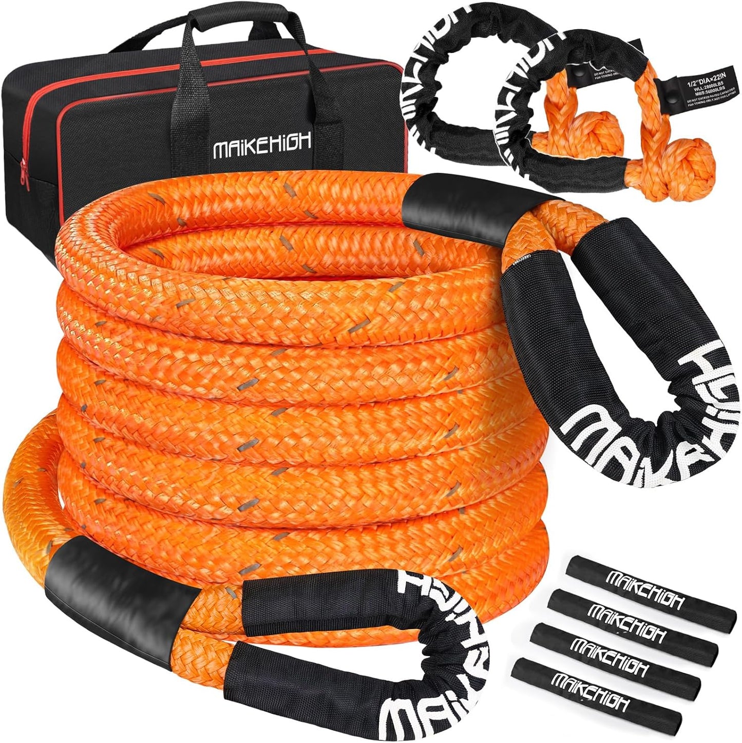 MAIKEHIGH 1-1/8" x 30ft Kinetic Tow Rope(56,000LBS), Heavy Duty Recovery Rope with 2 UHMWPE Soft Shackles, 30+% Elasticity Off Road Recovery Kit Towing Straps for Vehicle Trucks Tractor Car