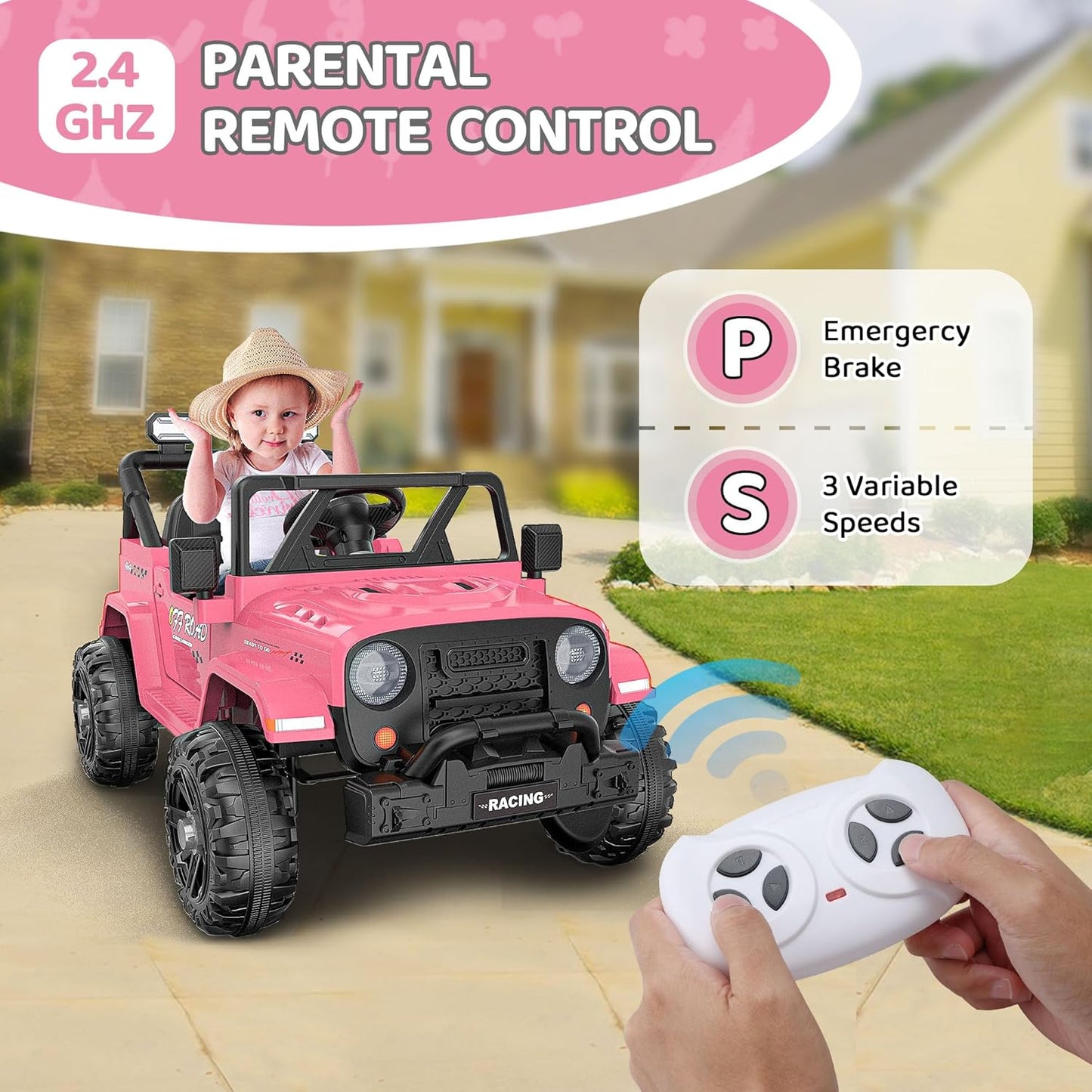 12V Ride On Truck Car with Remote Control, Kids Electric Vehicles with Bluetooth Music, Horn, 3 Speeds, 4 LED Lights, Soft Start, Ride-on Toy for Toddler Boys & Girls (Pink)