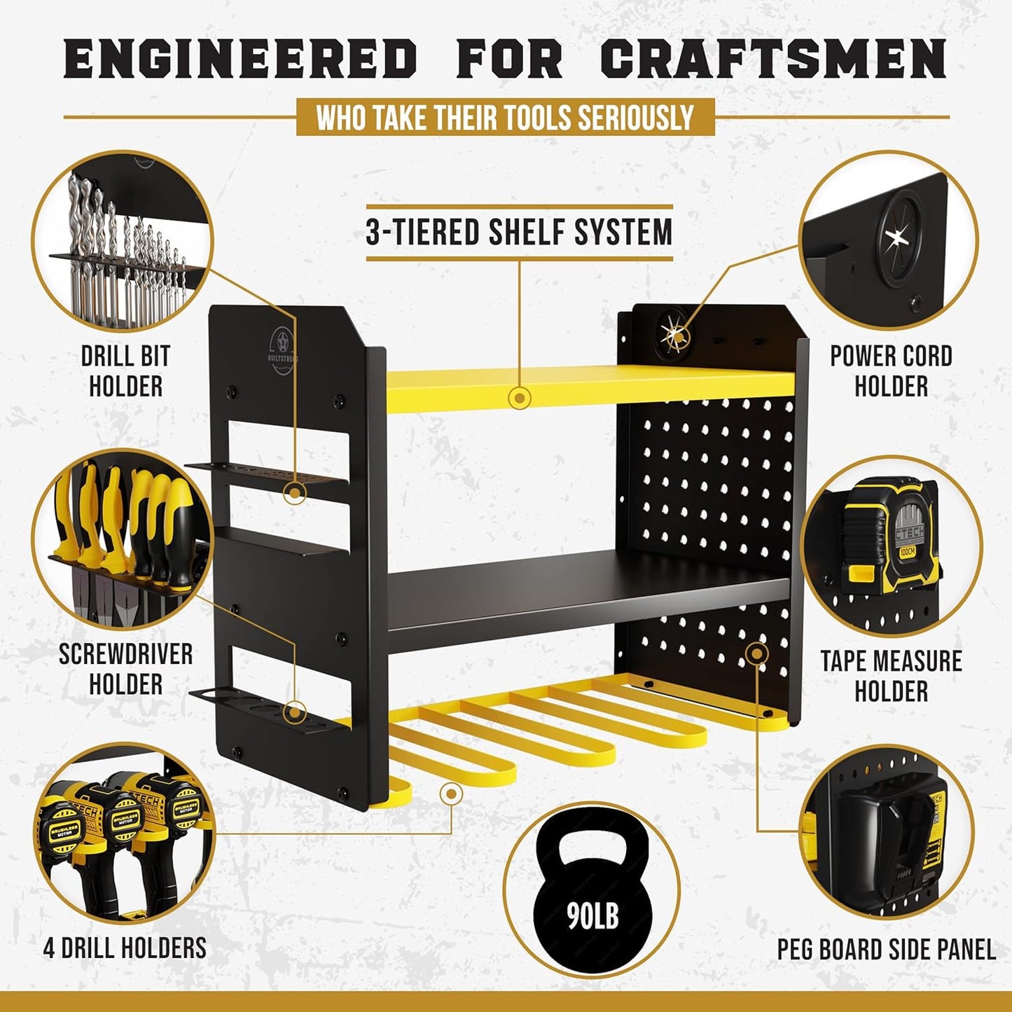 Power Tool Organizer Wall Mount - 3-Tier Heavy-Duty Metal Hand Tool Storage Rack, Utility Racks, Drill Holder, PegBoard Side, & More - Garage Storage Cordless Tool Organizer (Yellow)