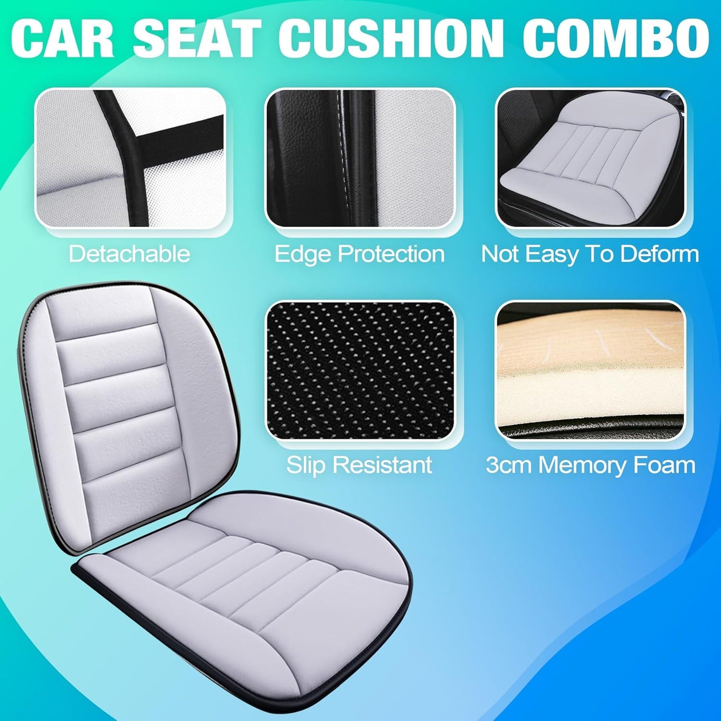 MYFAMIREA Car Seat Cushion and Lumbar Support Pillow 1.2'' Thick Memory Foam Desk Chair Cushion Back Support for Automotive Seat Driver, Travel, Leg and Back Pain Relief, Washable, Adjustable, Gray
