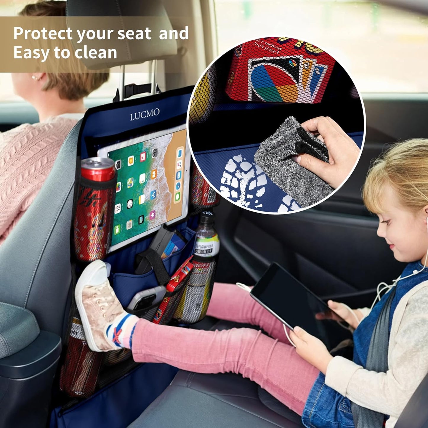 LUCMO Car Backseat Organizer with Touch Screen Tablet Holder-2 Pcs,9 Storage Pockets Car Storage Organizer Protectors Kick Mats Travel Accessories for Kids-Dark Blue