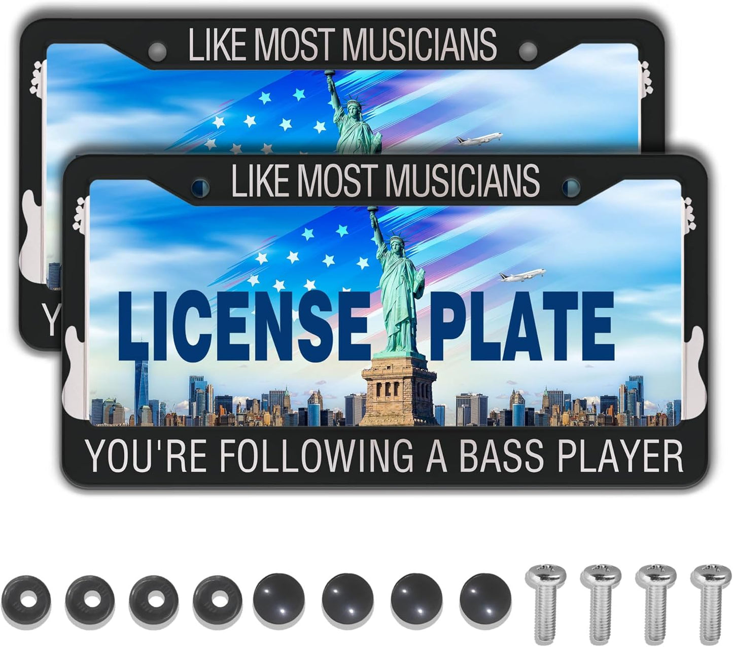 License Plate Frame Holder Black and White License Plate Frames Like Most Musicians Following Bass Player Aluminum Metal Car Accessory 2 Pack with Screw Covers Set