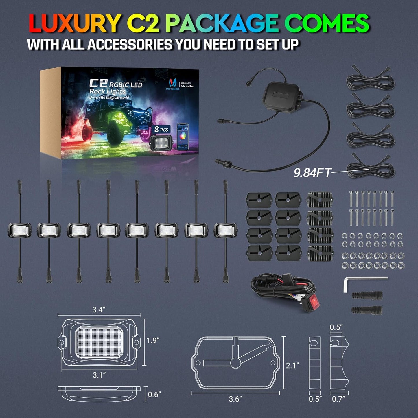 MICTUNING C2 MAX RGB+IC Chasing Color Rock Lights - 10 Pods Underglow Lighting Kit, Dynamic Lighting Modes, Extensible Up to 24 Pods with Stable APP Control, IP68 Waterproof, DIY Effect