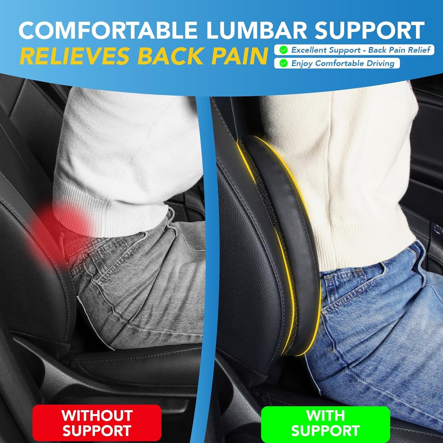Lumbar Support Pillow for Car, Memory Foam Lumbar Pillow for Lower Back Pain Relief - Back Cushion for Driving, Chair Support for Car-Office Chair, Wheelchair - Black&Gray