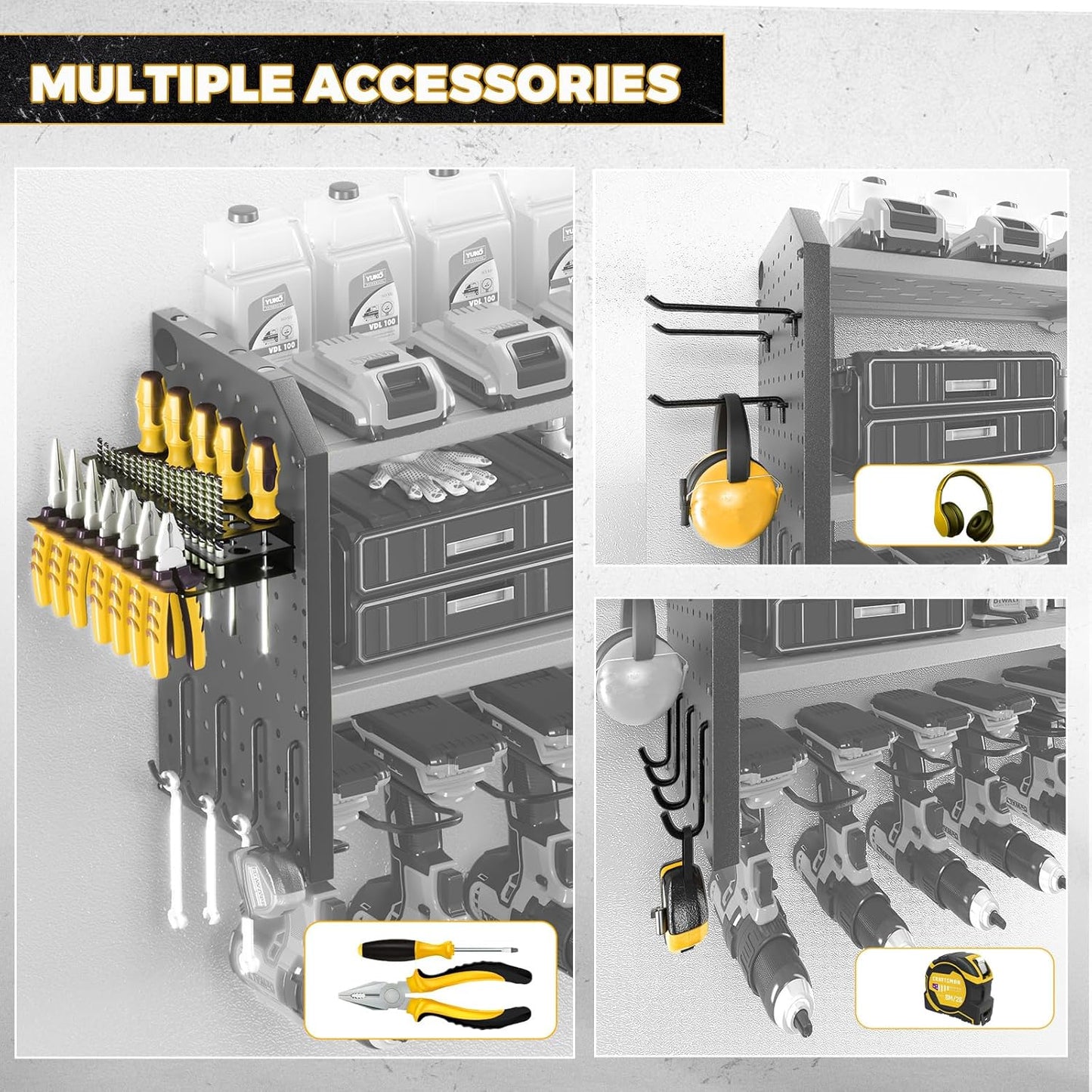 KAFAHOM Power Tool Organizer with Charging Station, Built in 8 Outlet Power Strip,Large 8 Drill Holder Wall Mount, Heavy Duty Metal Power Tool Storage Rack Tool Shelf for Garage Organization Yellow