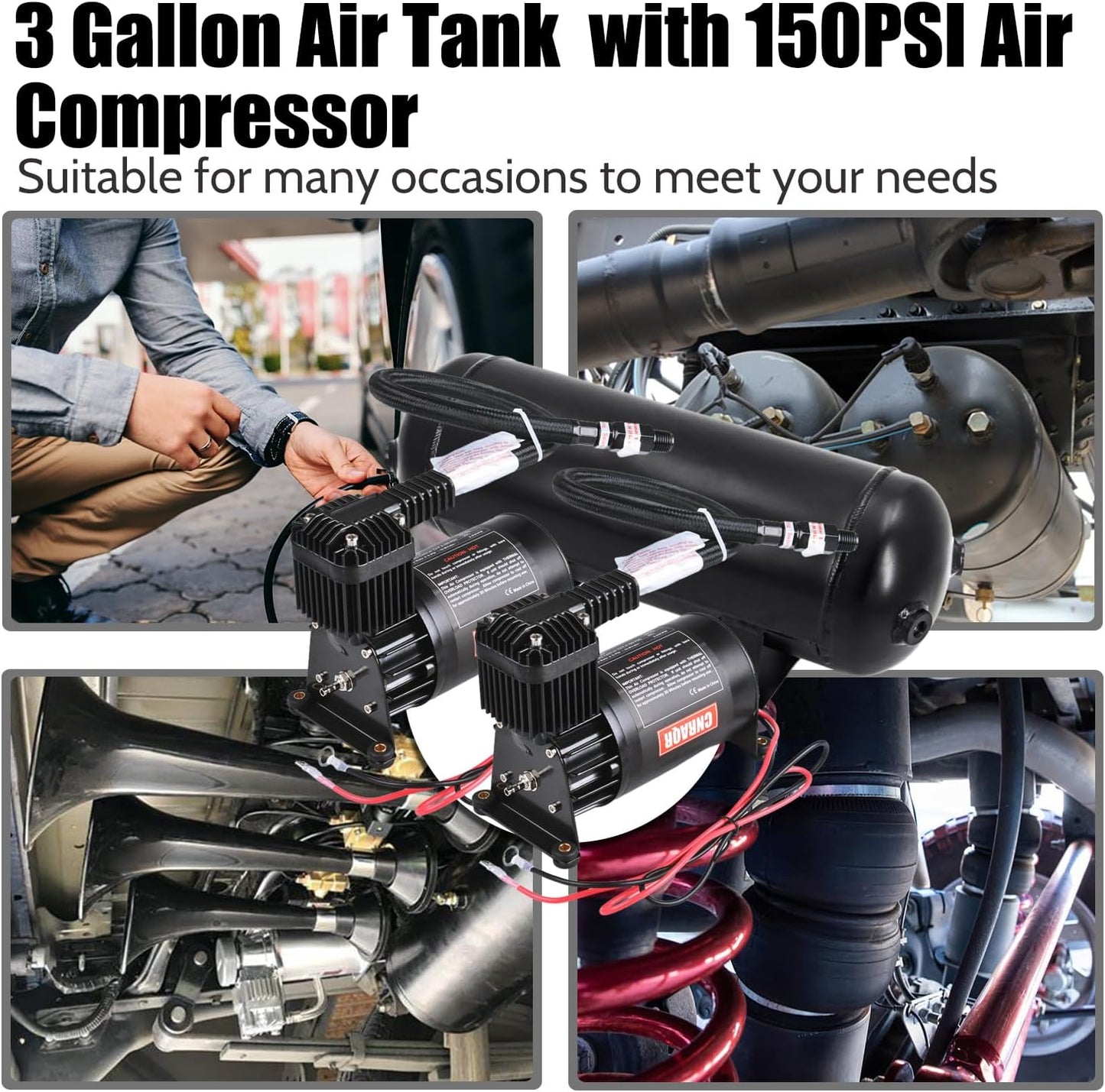 3 Gallon Air Tank with 150PSI Air Compressor 2PCS for Suspension/Air Ride/Bag/Car Train Truck Horn Aluminum 12 Liter Compressed air Storage Tank Onboard System Air Suspension Compressor Kit