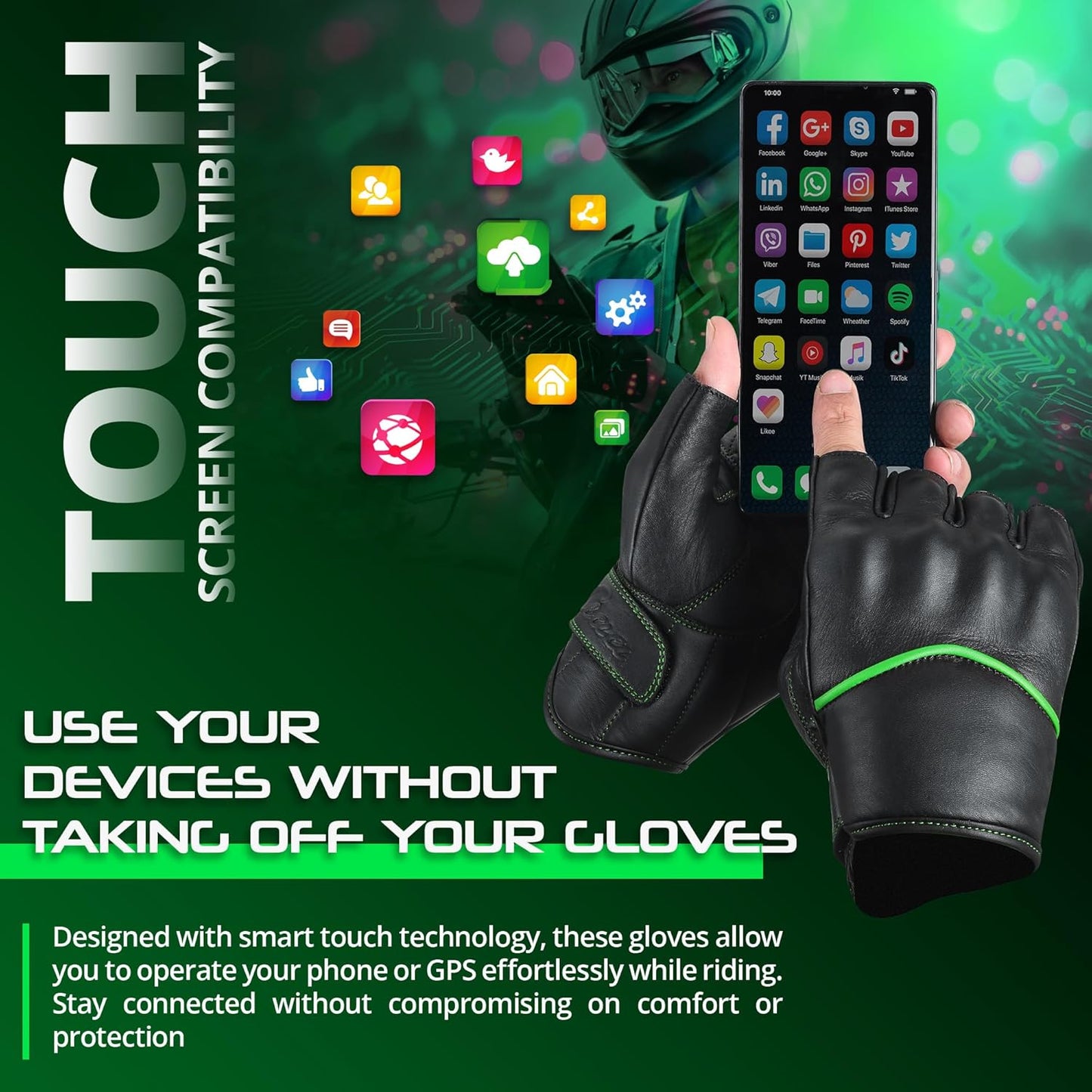 aasportx Motorcycle Gloves - Men's Leather Motorbike Gloves with Touchscreen Function - Non-Slip Pads for Men & Women