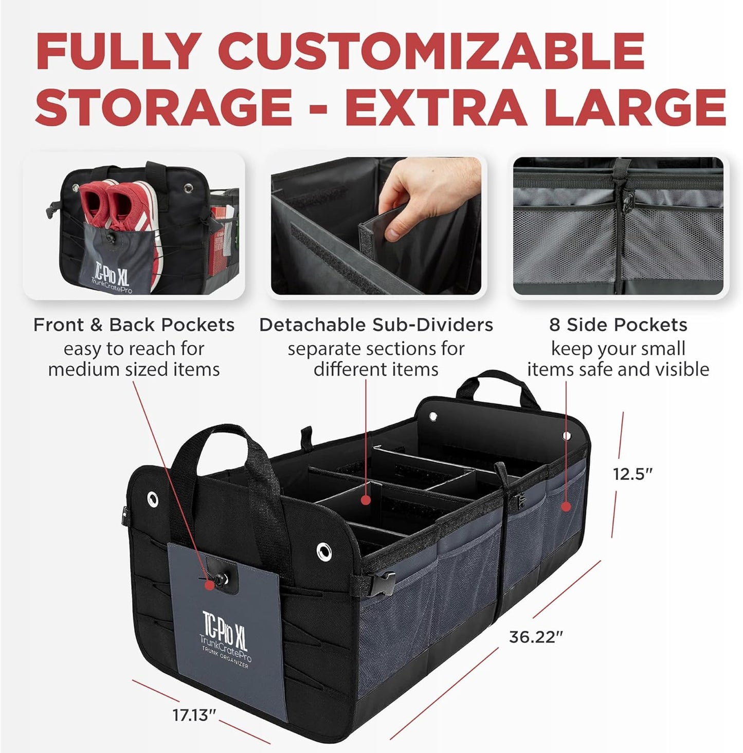 TRUNKCRATEPRO - XL Trunk Organizer For SUV, Car, Truck with 6 Compartments Adjustable Collapsible Portable Non-Skid Premium Cargo Storage Truck Organizer W Straps, Heavy Loads (Extra Large, Gray)