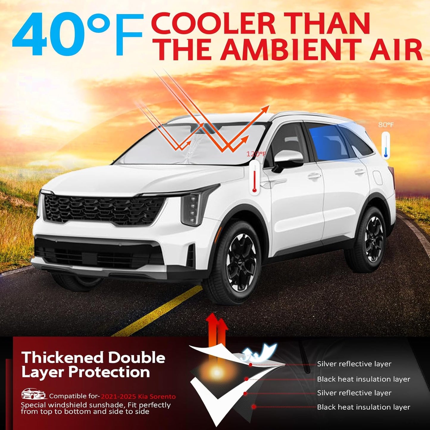 KAYZT Windshield Sun Shade for 2021-2025 2026 Kia Sorento Foldable Sunshade Front Window Custom Fit Car Accessories