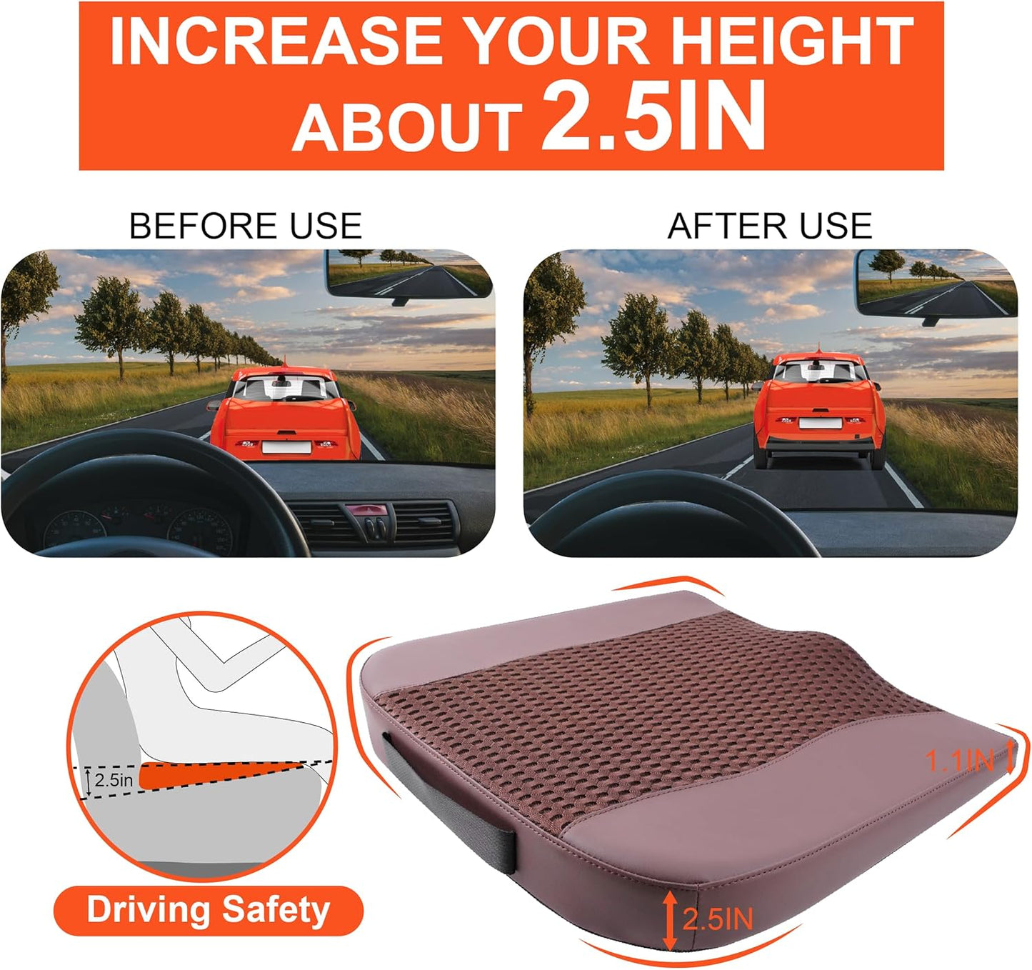 Car Seat Cushion, Comfort Memory Foam Car Cushions for Driving - Sciatica & Lower Back Pain Relief, Driver Seat Pillow for Auto, Office Chair, Wheelchair - 4D Mesh Brown