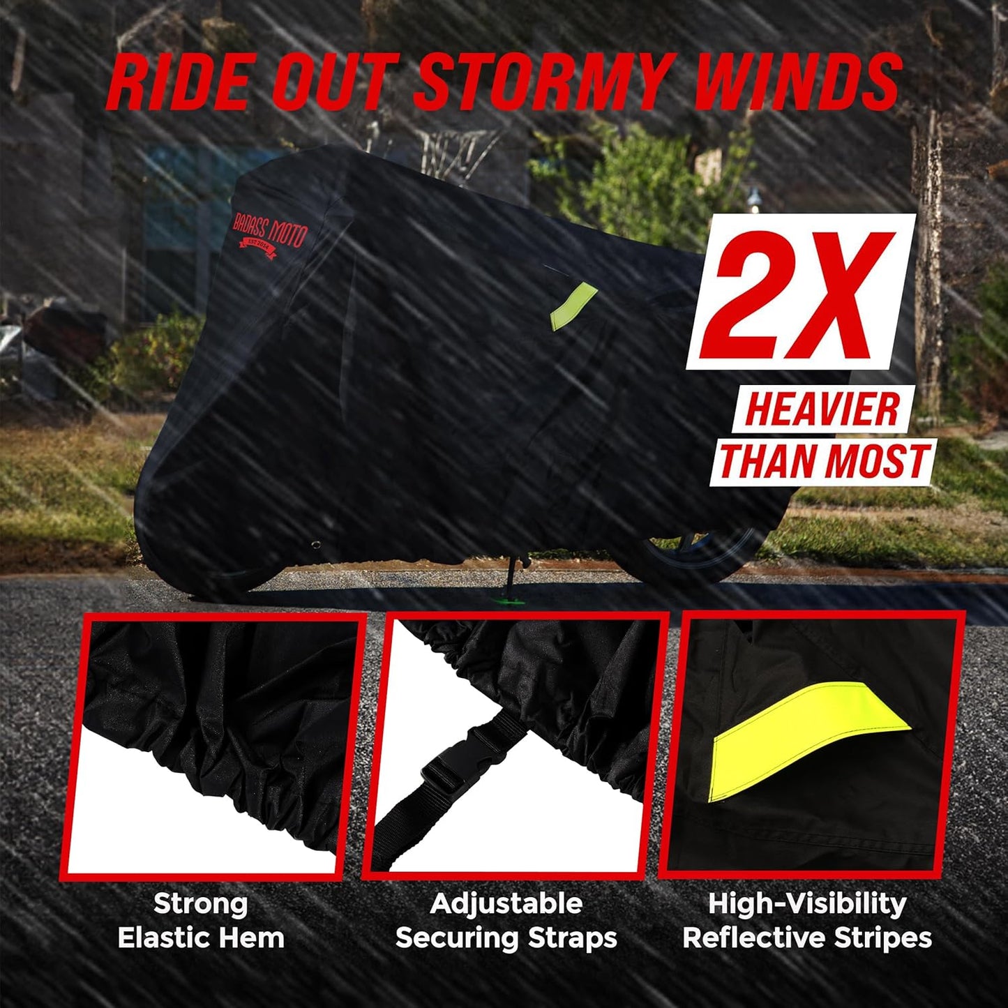 Badass Moto Ultimate Motorcycle Cover Waterproof Outdoor Heavy Duty Fits Harley Davidson Sportster Cover Durable Rain Sun Weather Shelter For Triumph, Fat Bob, Indian Scout, Sport Bike, Medium Cruiser