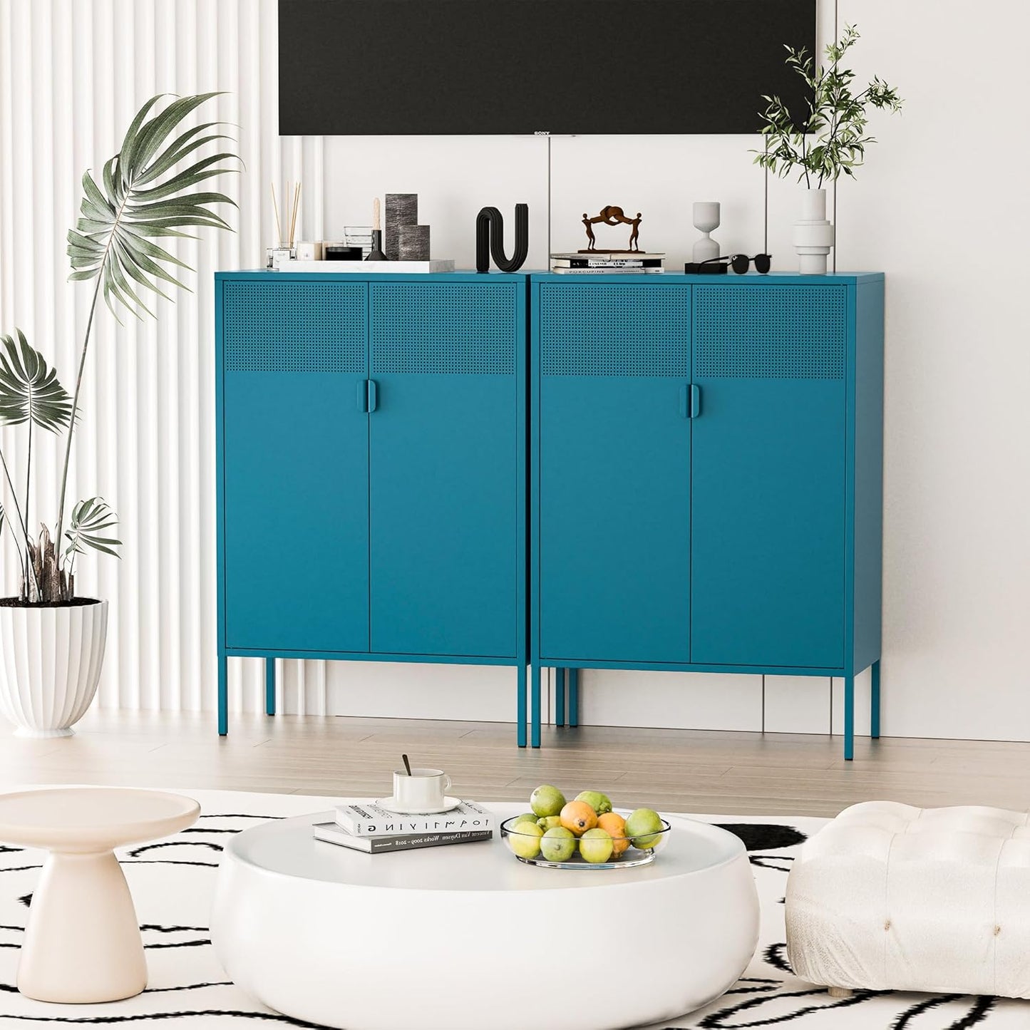 2 Mesh Door Metal Cabinet with Adjustable Shelves, Multipurpose Peacock Blue Storage Cabinet, 3-Tier,Metal Storage Cabinet for Office Home,Hallway(Peacock Blue, 47''H)