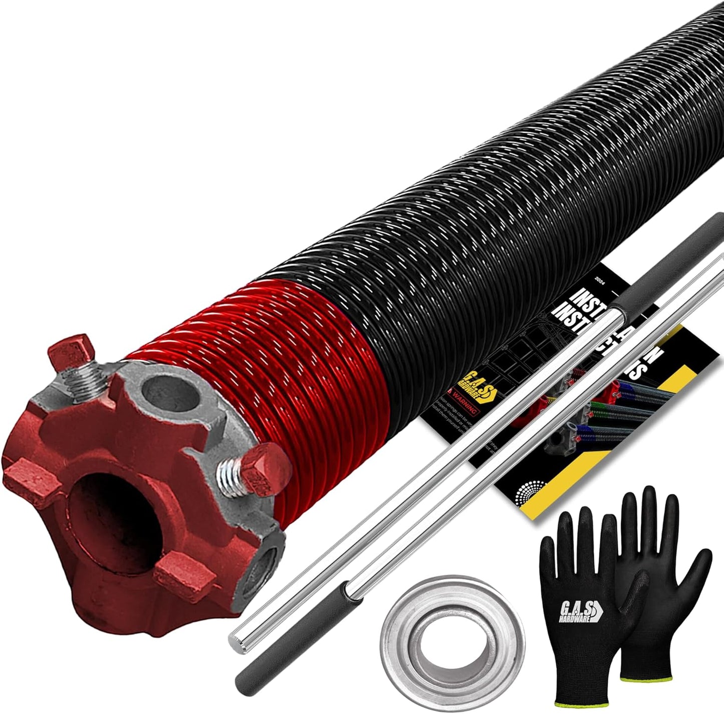 Garage Door Torsion Spring 225x2x25 Torsion Springs for Left Side of Garage Door with 1" Steel Bearing, Gloves, and Winding Bars Precision E-Coating 5-Year Warranty Minimum 30,000 Cycles (Red Cone)