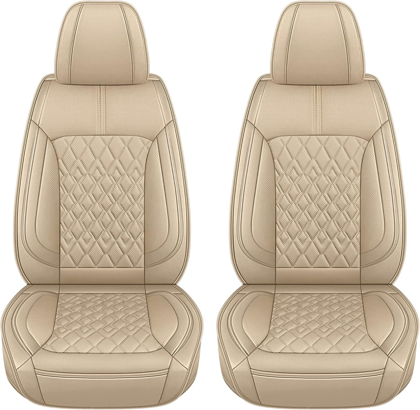 Pariitadin Leather Car Seat Covers Front Pair, Waterproof Breathable Faux Leather Automotive Seat Covers for Cars, Non-Slip Car Interior Covers Universal Fit Most Cars Sedans Trucks SUVs, Beige