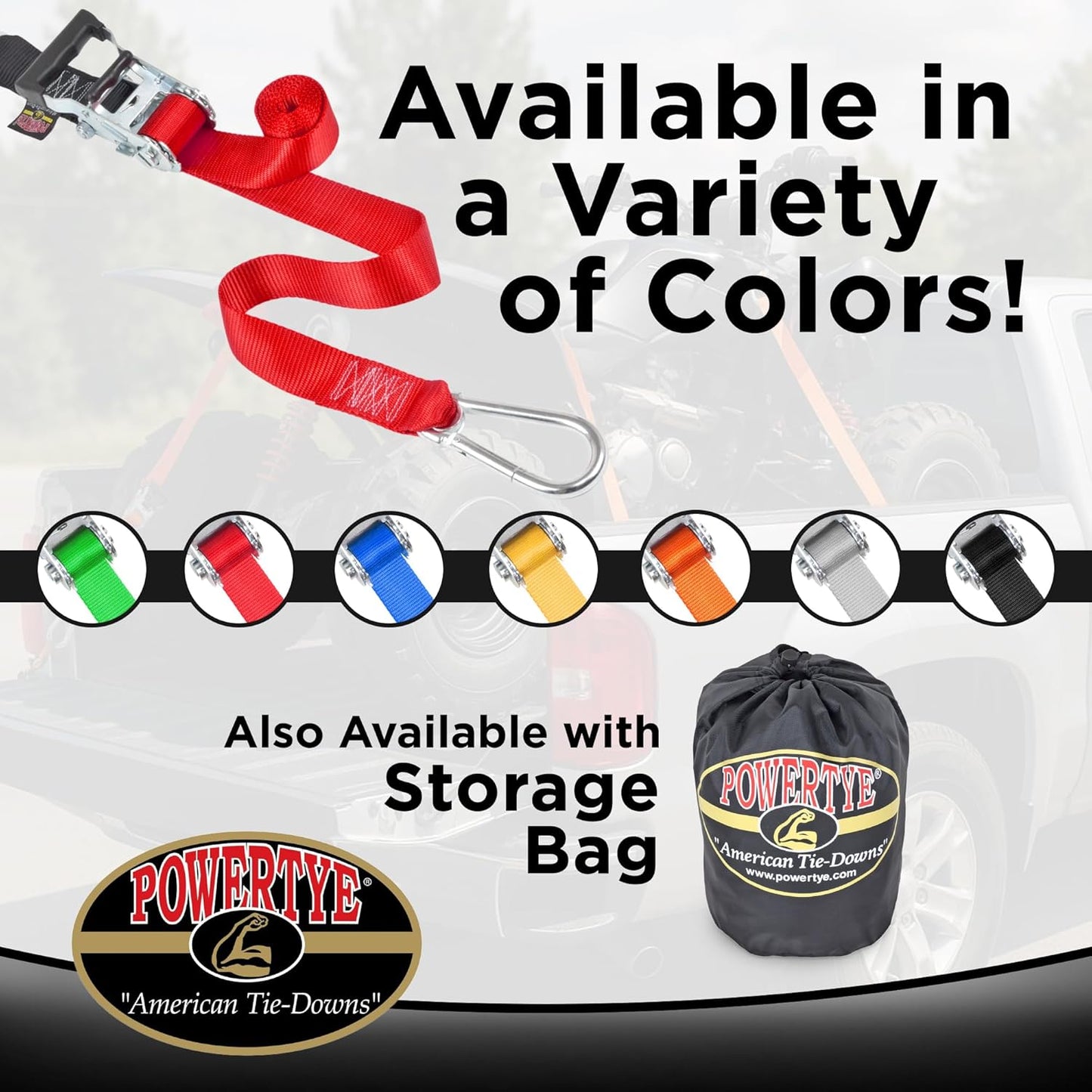 PowerTye 1.5in x 6.5ft Heavy Duty Ratchet Tie-Down Straps with Soft-Tye and Carabiner Hooks - 1,000 lb Working Load Limit / 3,000 lb Breaking Strength - Made in USA - Red/Black Pair