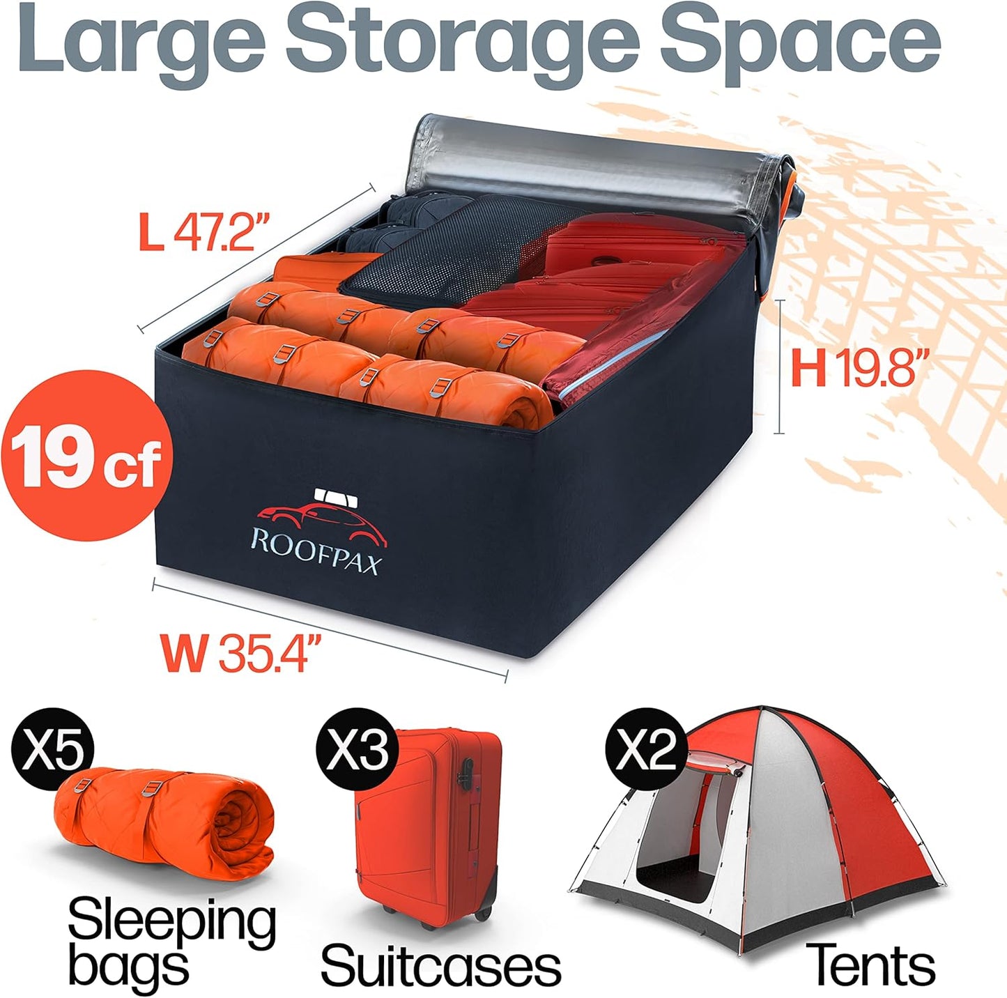 RoofPax Waterproof 19 Cubic Feet Rooftop Cargo Carrier Bag – Heavy Duty Car Roof Storage with Double Zipper & Tie Down Straps – Fits Cars with or Without Roof Rack