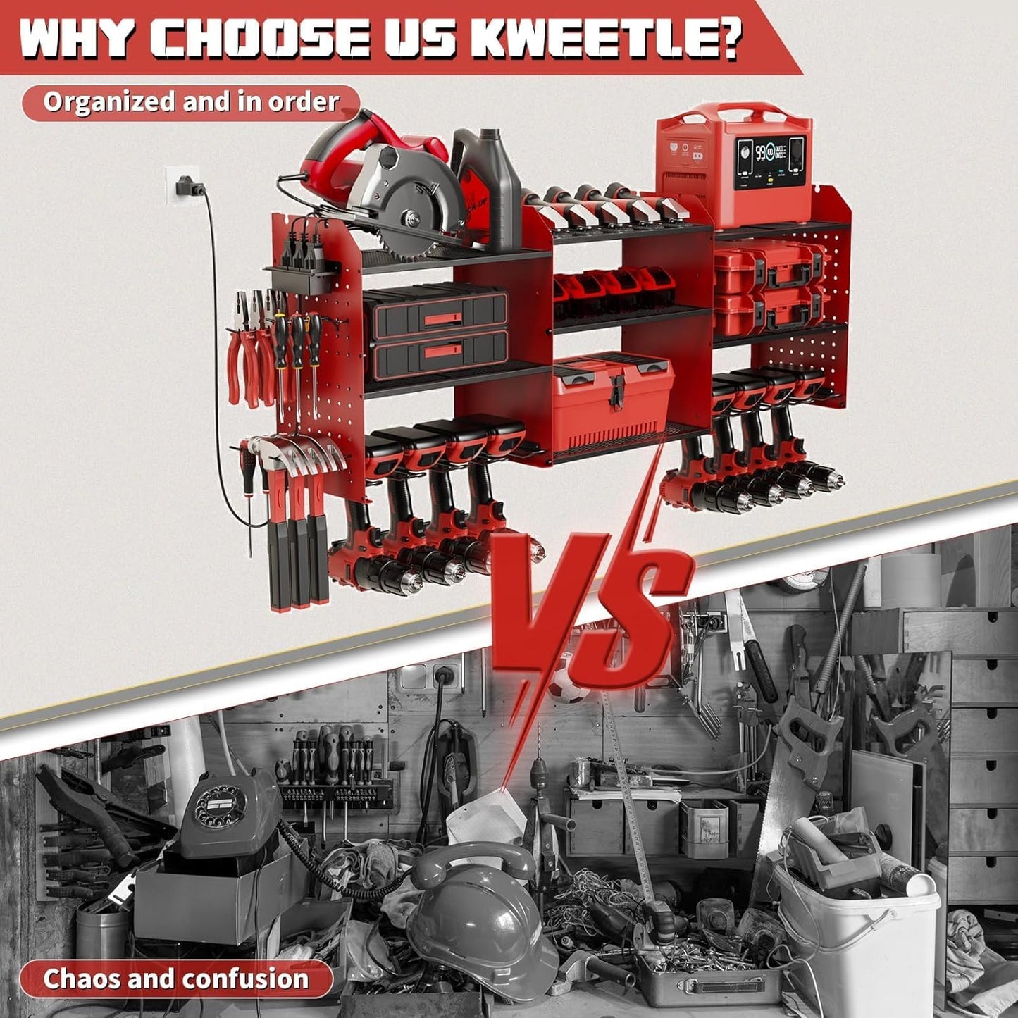 45" Power Tool Organizer Wall Mount with Charging Station - 3 Layer Storage Racks with 8 Cordless Drill Holder, 4 Hooks, Heavy Duty Garage Tool Organizer Storage for Workshop Shed Pegboard Basement