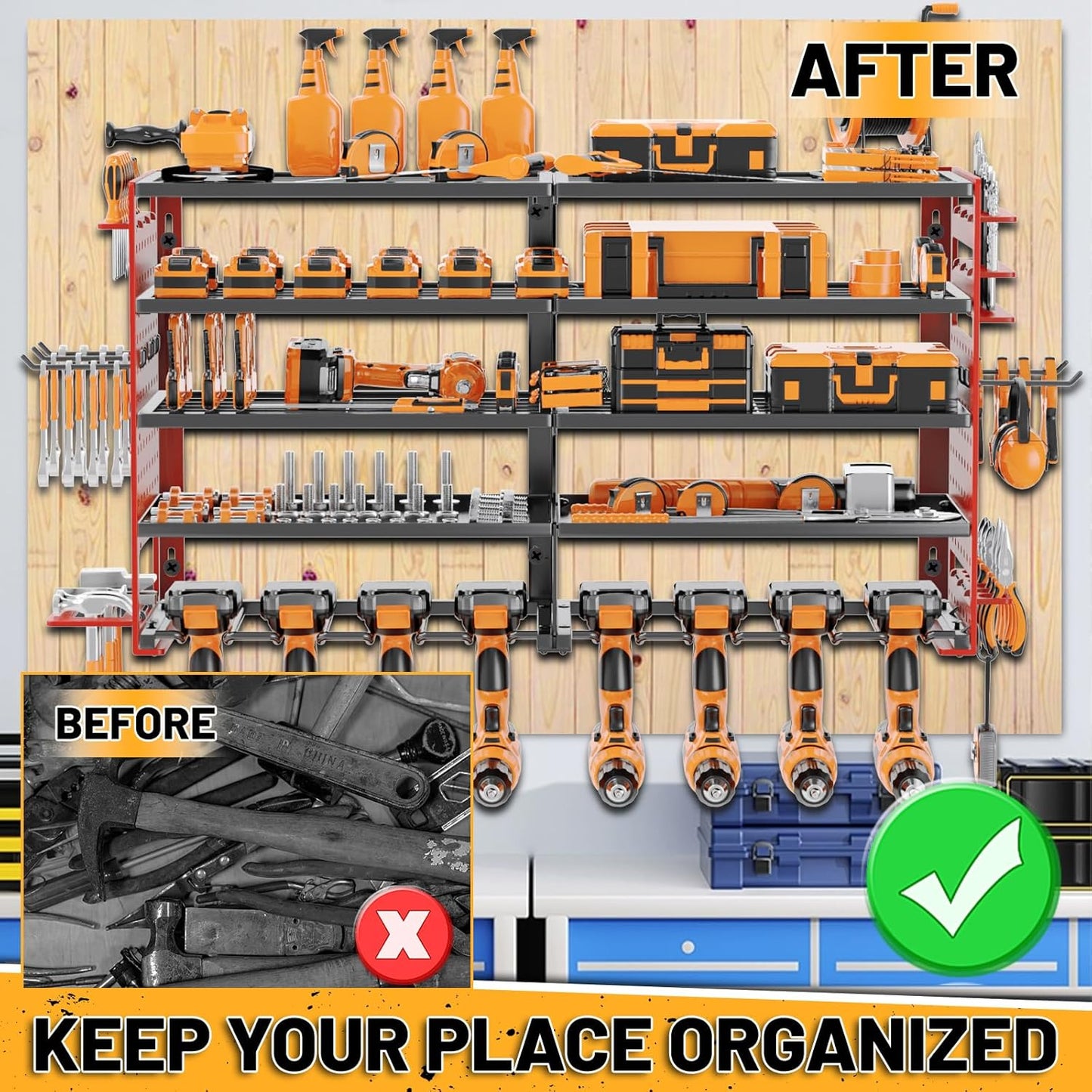 5 Layers Power Tool Organizer Wall Mount, Cordless Tool Storage Rack Holder with 8 Drill Holders, Heavy Duty Garage Wall Tool Shelf for Workshop Tool Room Men Husband Father Gift (Black-Red)