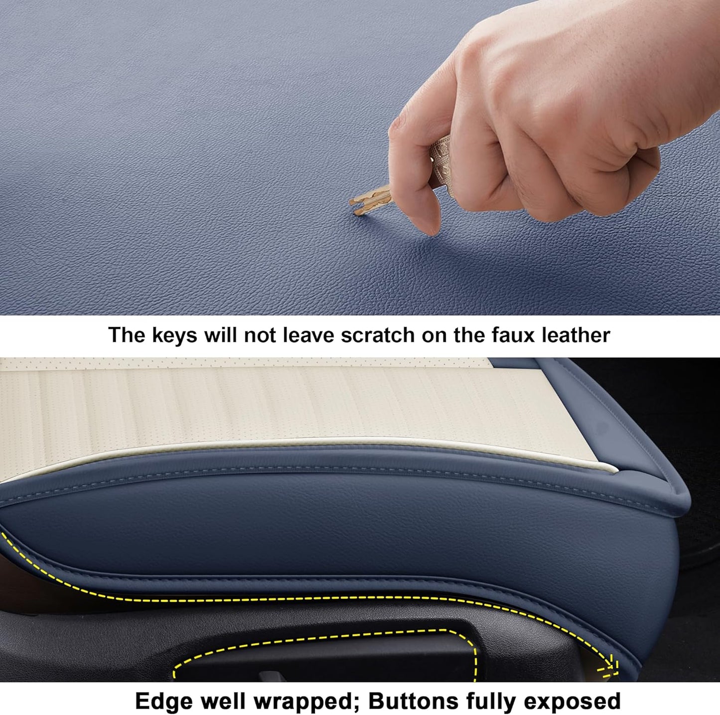 LINGVIDO Car Seat Covers, Breathable and Waterproof Faux Leather Automotive Seat Covers for Cars SUV Truck Sedan,Universal Anti-Slip Seat Cover with Backrest (Front Seat, White & Blue)