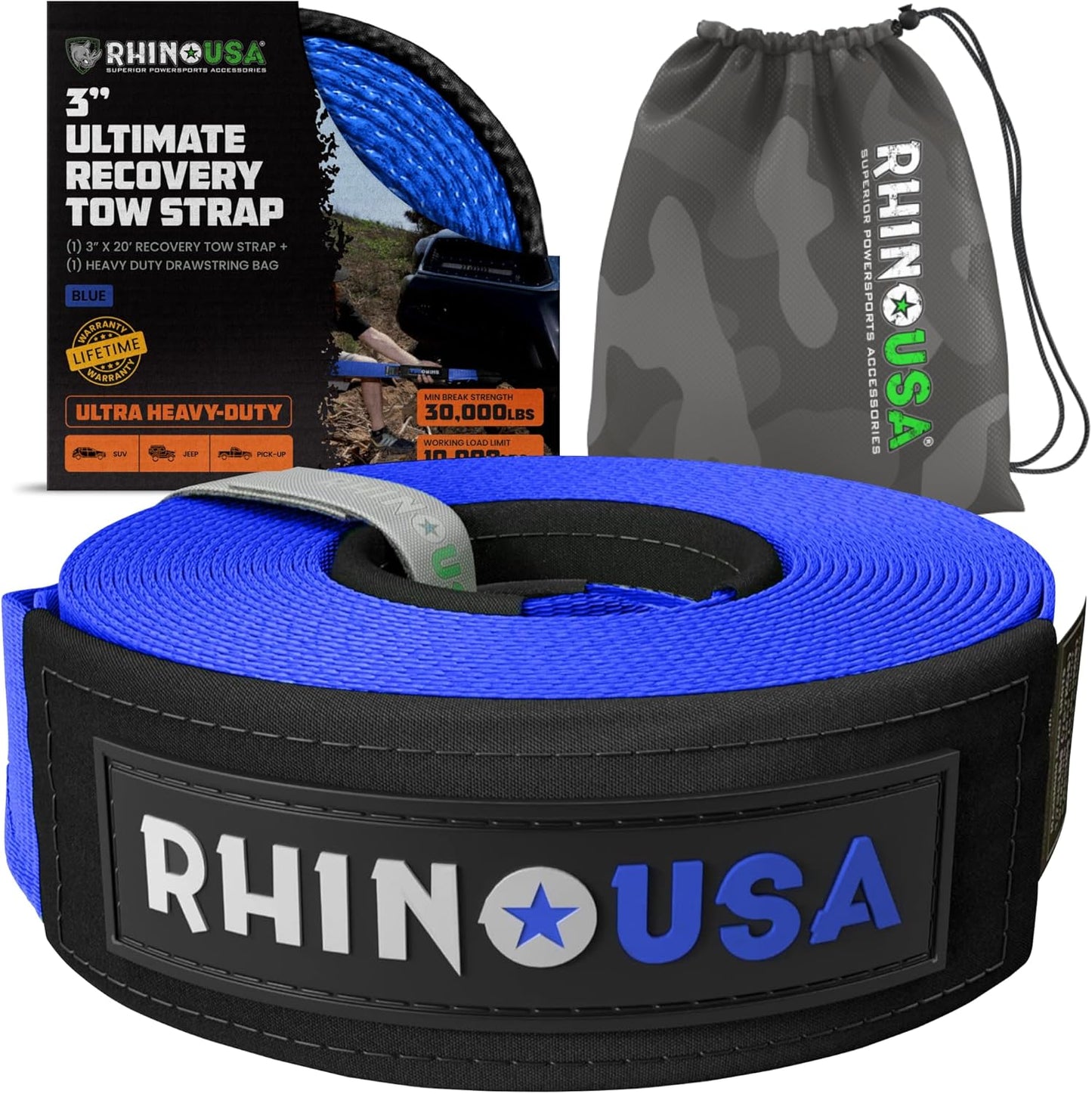 Rhino USA Recovery Tow Strap (3"x20') - 31,518lb Break Strength- Emergency Recovery Strap Tow Rope for Truck, UTV, ATV & More - Heavy Duty Towing Strap for Offroad 4x4 Use- Compatible with Jeep (Blue)