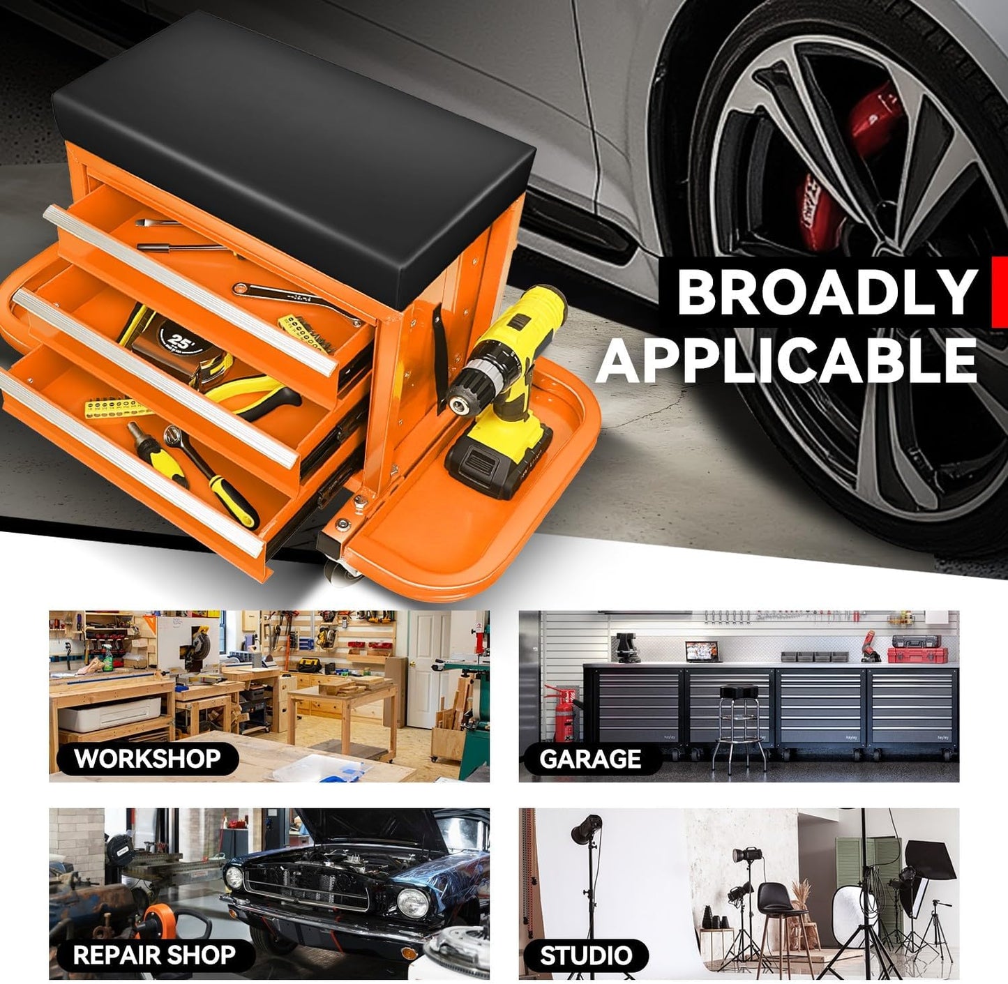 Auto Dynasty 3-Drawer Mechanic Rolling Seat, 350 LBS Capacity Roller Garage Shop Seat with Storage Tool Tray for Workshop, Repair Shop, Warehouse, Orange