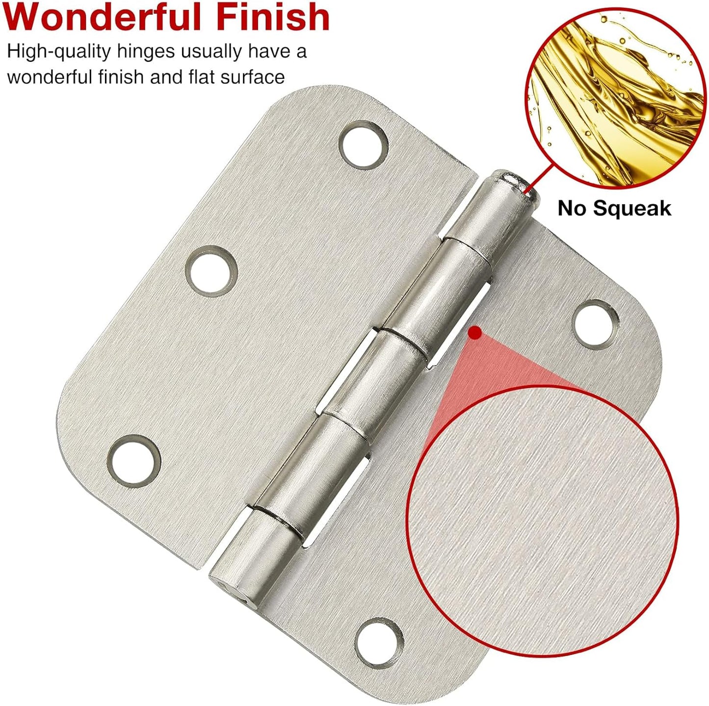 30 Pack Rounded Brushed Nickel Door Hinges 3.5 Inch 5/8" Radius 3 1/2" Satin Sliver Hinge No Squeak Flat Bifold for Bedroom Pantry Clean Glass French Interior Wood Doors,Table,Gate,Hardware