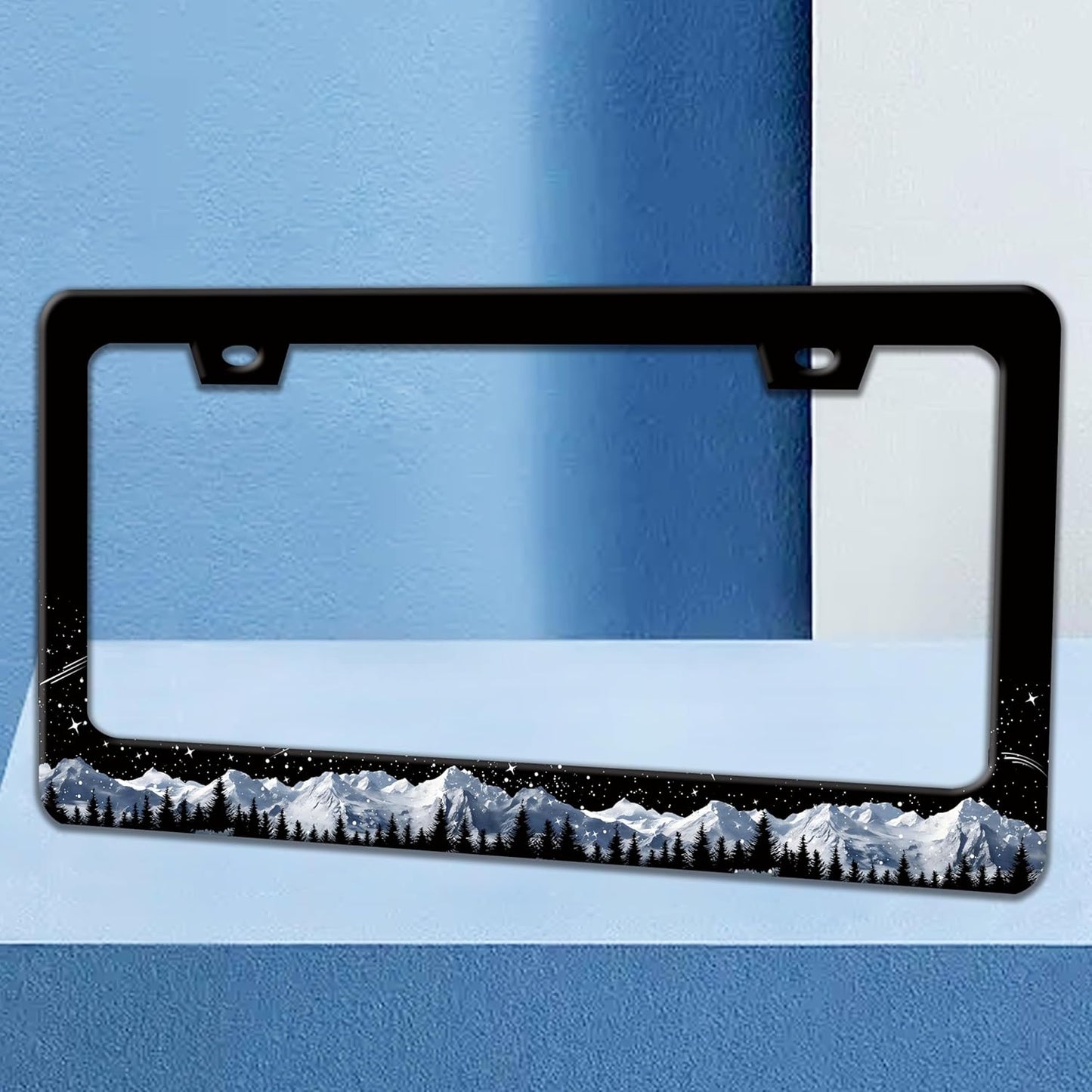 Snow Mountains License Plate Frame Starry Sky Mountain Forest License Plate Holders Funny Stainless Steel Auto Accessory Bracket 2 Hole with Screws for US Vehicles 6x12 Inch