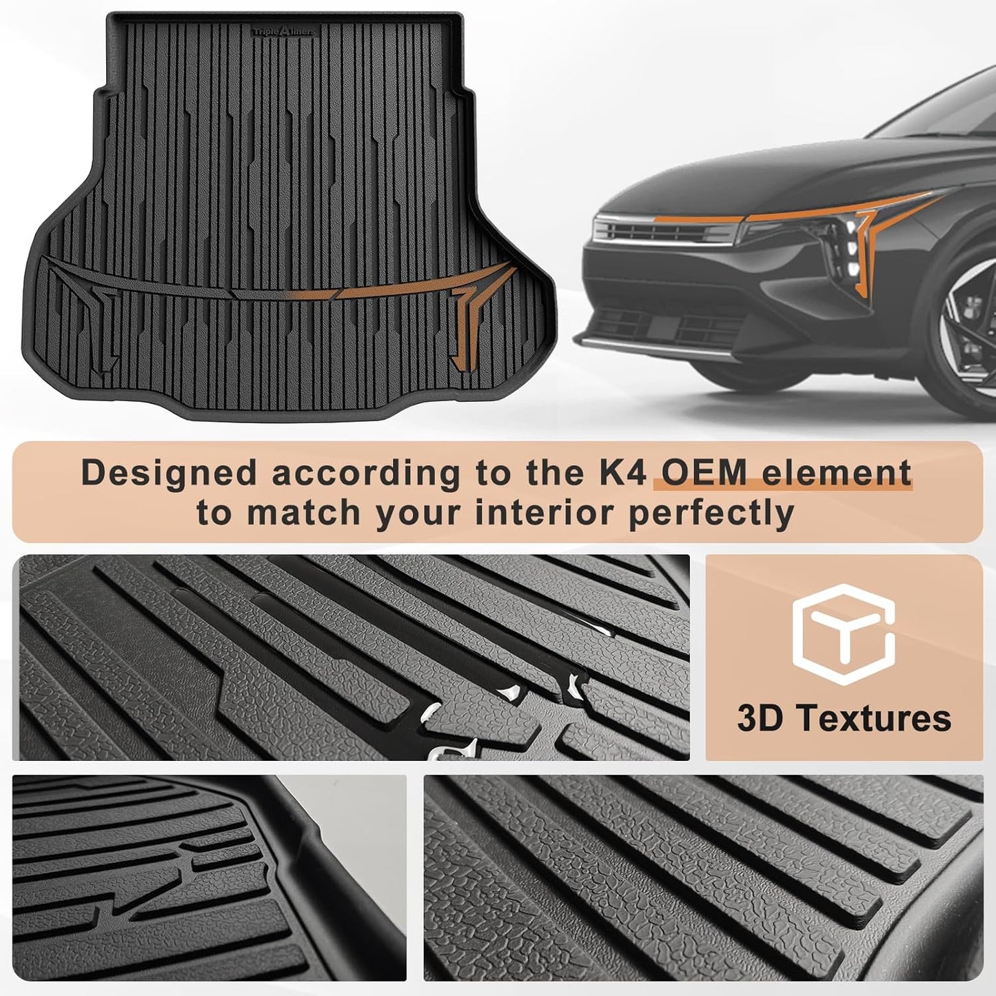 TripleAliners All Weather Trunk Mat Compatible with 2024-2025 KIA K4 Sedan Accessories Cargo Mat Custom Fit TPE Full Coverage Protection Odorless Waterproof Cargo Liner