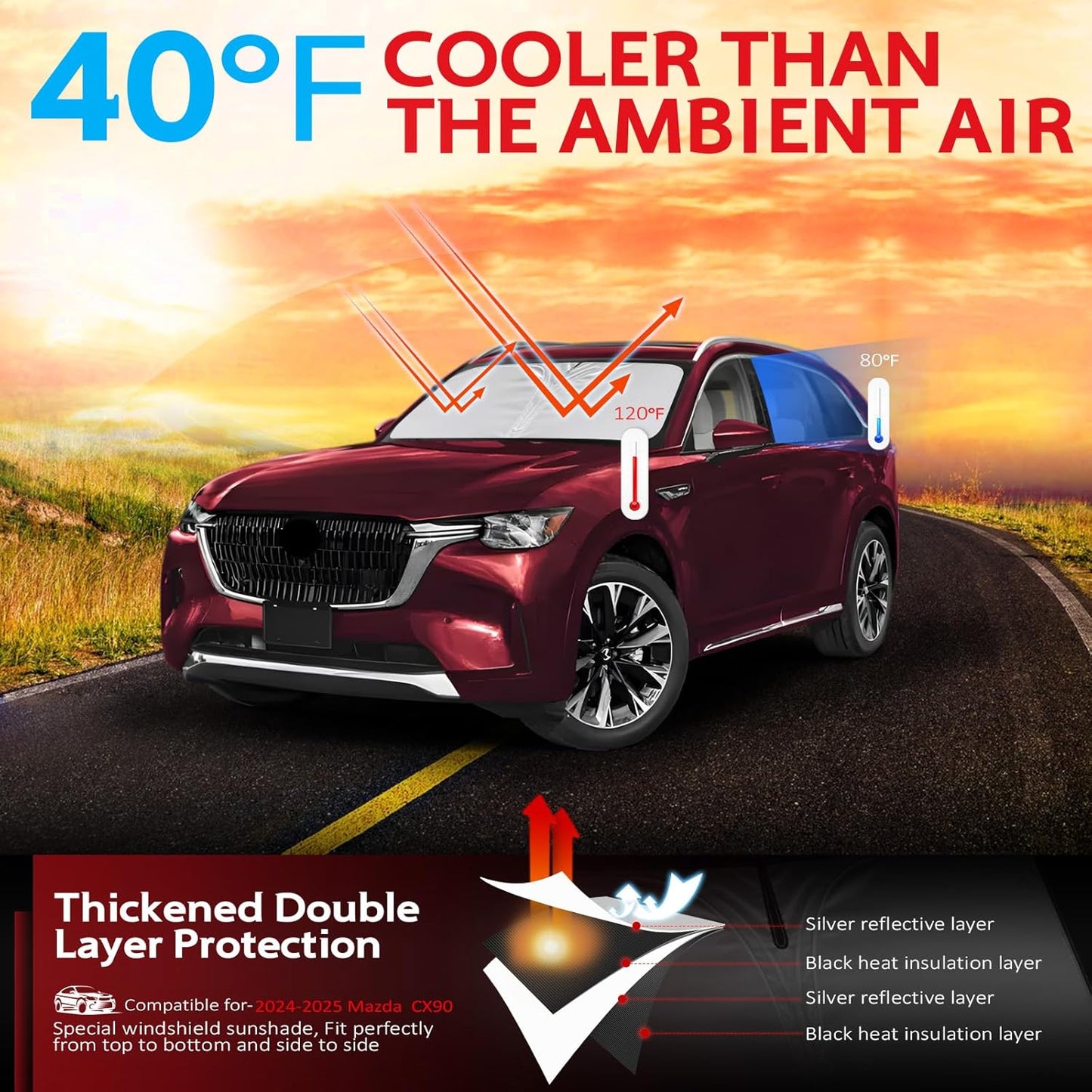 KAYZT Windshield Sun Shade for 2024-2025 2026 Mazda CX-90 CX90 Foldable Sunshade Front Window Custom Fit Car Accessories