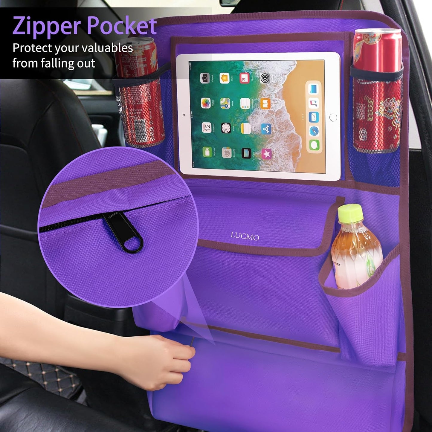 LUCMO Car Backseat Organizer with Touch Screen Tablet Holder,9 Storage Pockets Car Storage Organizer,Protectors Kick Mats Travel Accessories for Kids-Dark Purple