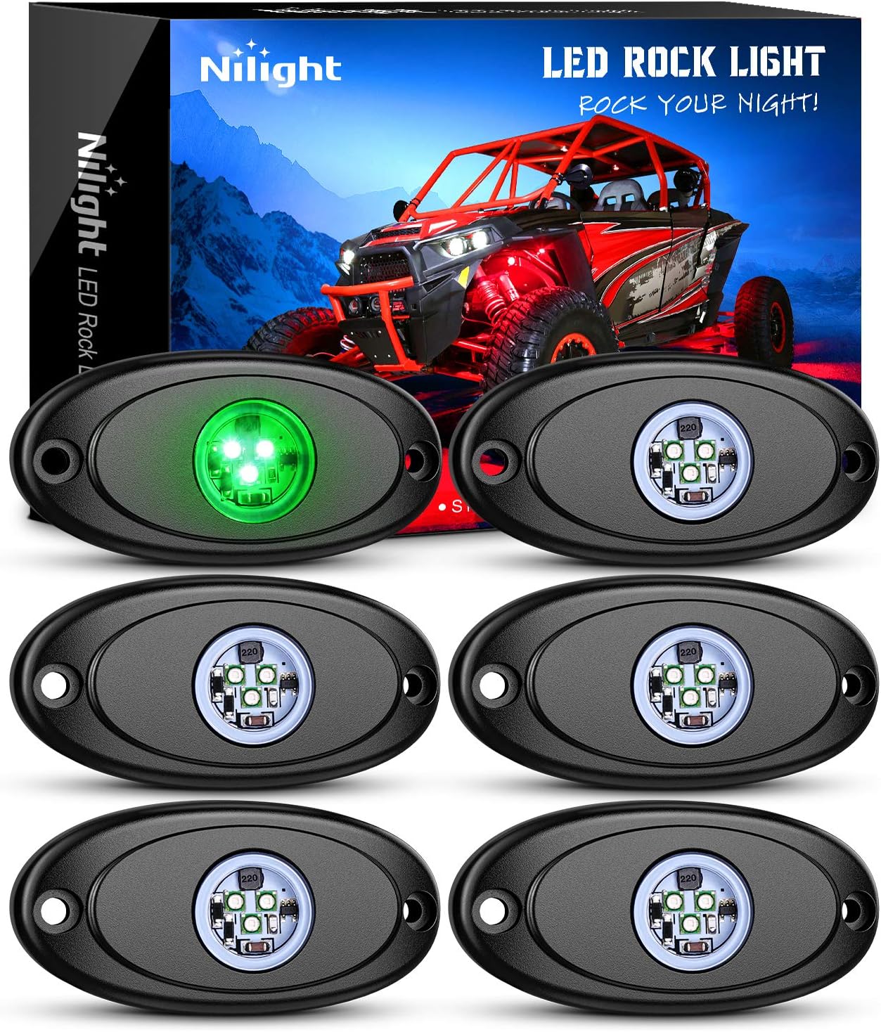Nilight LED Rock Light 6PCS Green Pods - Waterproof Under Body Wheel Well Exterior Interior for Car Truck Pickups ATV UTV SUV Motorcycle Boat - 2 Years Warranty