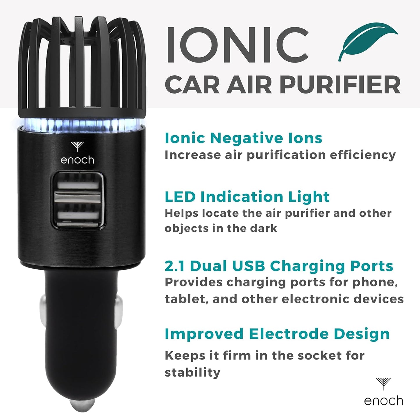 Enoch Car Air Purifier Premium Air Ionizer - 12V Plug-In Ionic Ozone Deodorizer Accessory with Dual USB Car Charger - Eliminates Cigarette Smoke, Pet and Food Odors, Dust (Black)