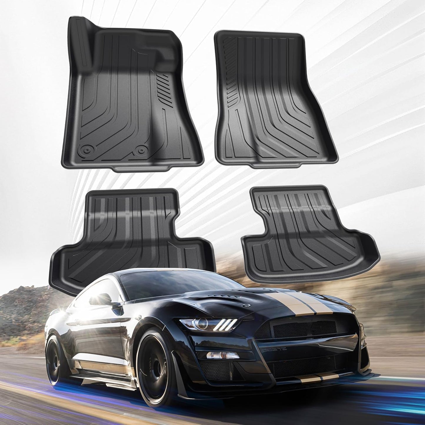 All Weather Floor Mats for Ford Mustang 2015-2017 2018-2024,Cover Protection Waterproof Black Floor Liner Front & Rear Row Full Set Car Mats Accessories for Ford Mustang 2022 2023 2024,Anti-Slip