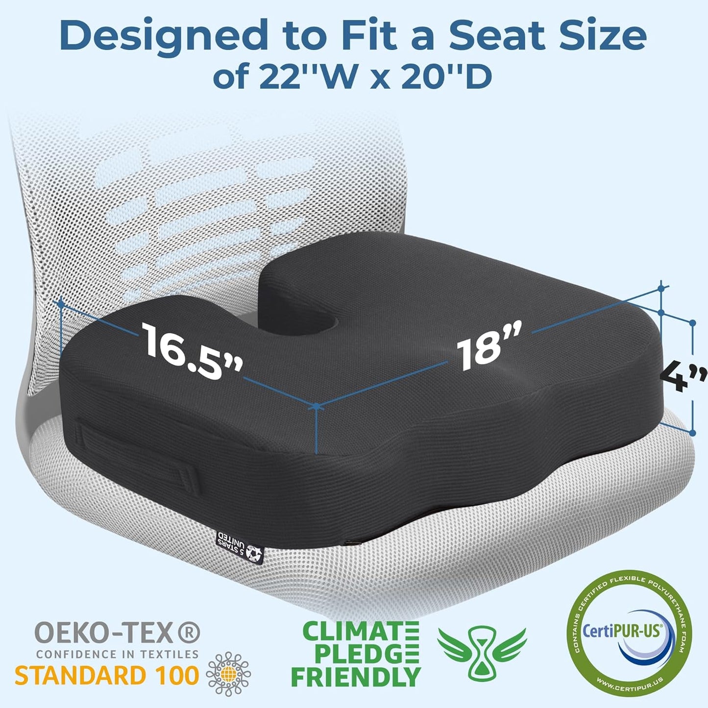 5 STARS UNITED Seat Cushion for Tailbone Pain Relief – Large Memory Foam Lifting Pillow for Coccyx, Hip, Sciatica & Post-Surgery Recovery – Wheelchair, Car, Desk, Gaming & Office Chairs, Dark Gray