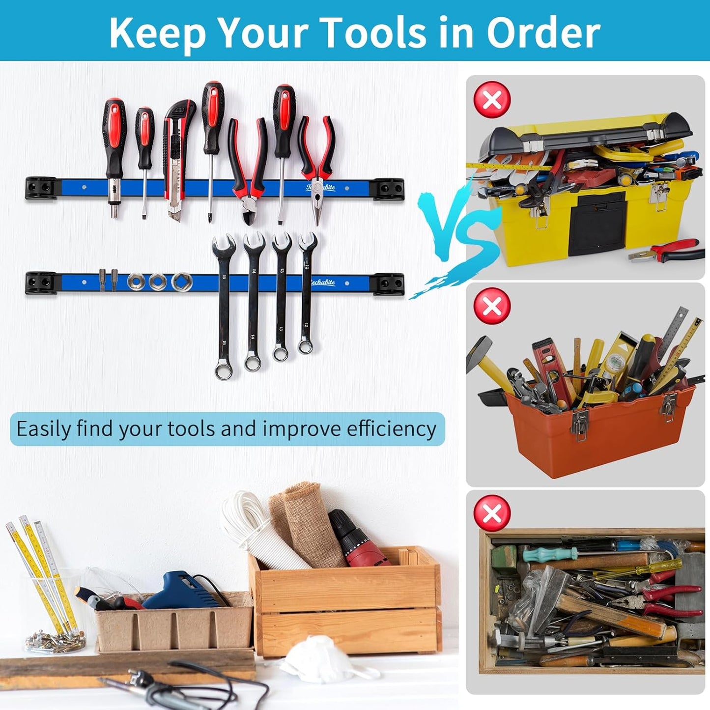 6 Pieces 24" Magnetic Tool Holder Strip, Blue Magnet Bar, Metal Tool Organizer Rack for Garage Organization, Easy To Install in Workshop, Mounting Screws Included