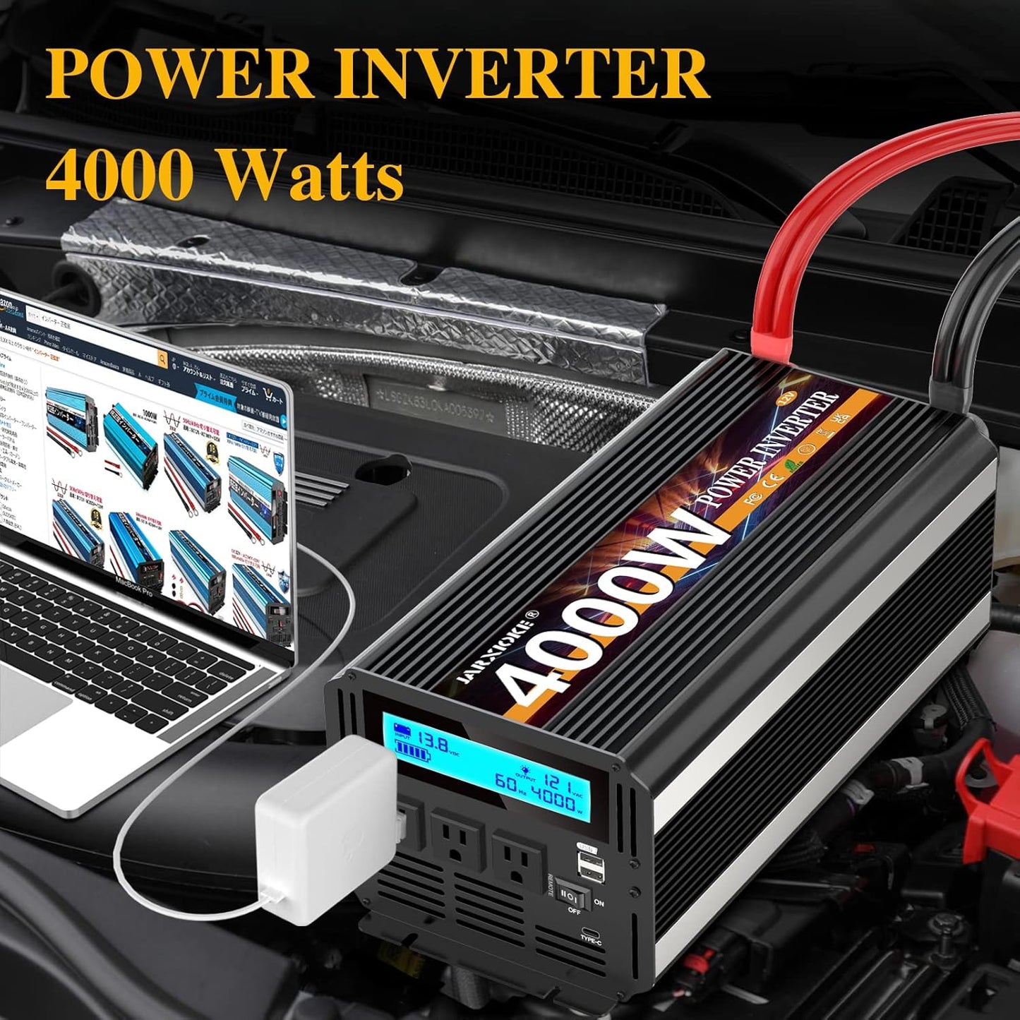 4000 Watt Power Inverter 12V DC to 110V 120V Converter for Family RV Off Grid Solar System Car with Type-C Ports 3 AC Power Outlets Dual USB Ports LCD Display Wireless Remote Control