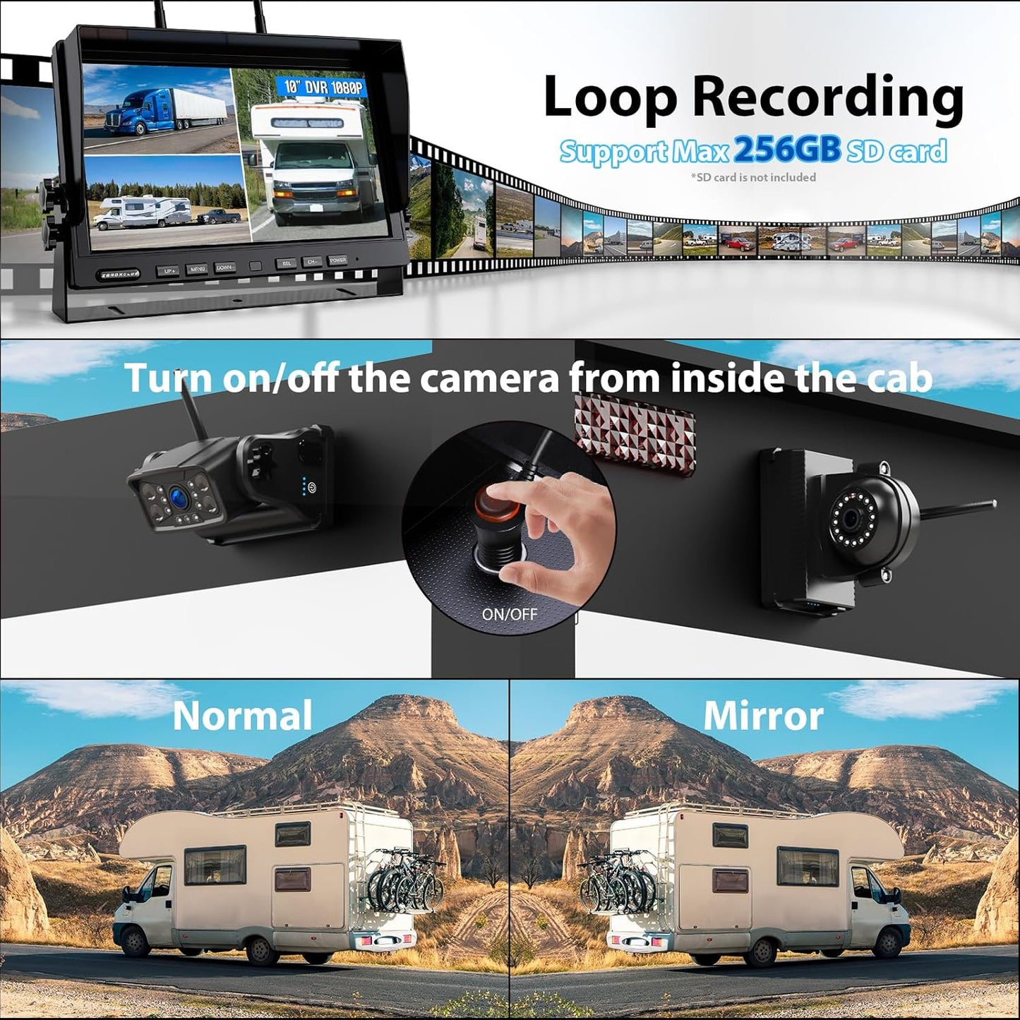 Magnetic Wireless Backup Camera: 10" HD 1080P DVR Monitor with 2 Rear View 2 Side View Cameras for Travel Trailer/Fifth Wheels/RV/Camper, Portable Rechargeable Battery BC104