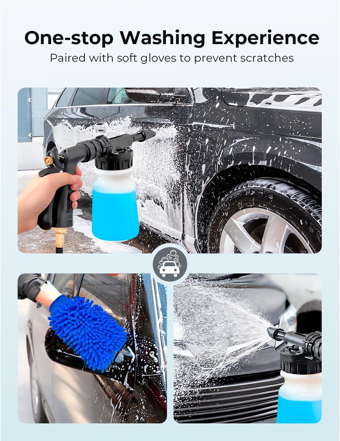 Car Wash Foam Gun + Microfiber Wash Mitt - Car Foam Sprayer - Foam Cannon for Hose - Spray Foam Gun Cleaner - Snow Foam Blaster for Cars, Boats, RVs, Foam Cannon Connects to Any Garden Hose