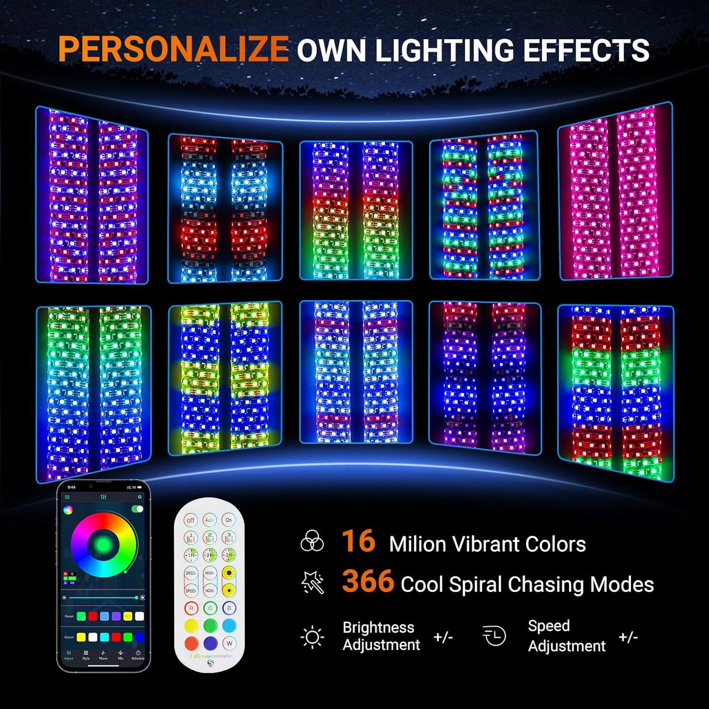 2FT Fat Whip Lights for UTV ATV with Spring Base, Led Fatty Whip Light W/Rocker Switch & 6 Flags, Brighter Spiral Chasing Lighted Antenna Whip with APP & Remote Control for RZR SXS Can-Am