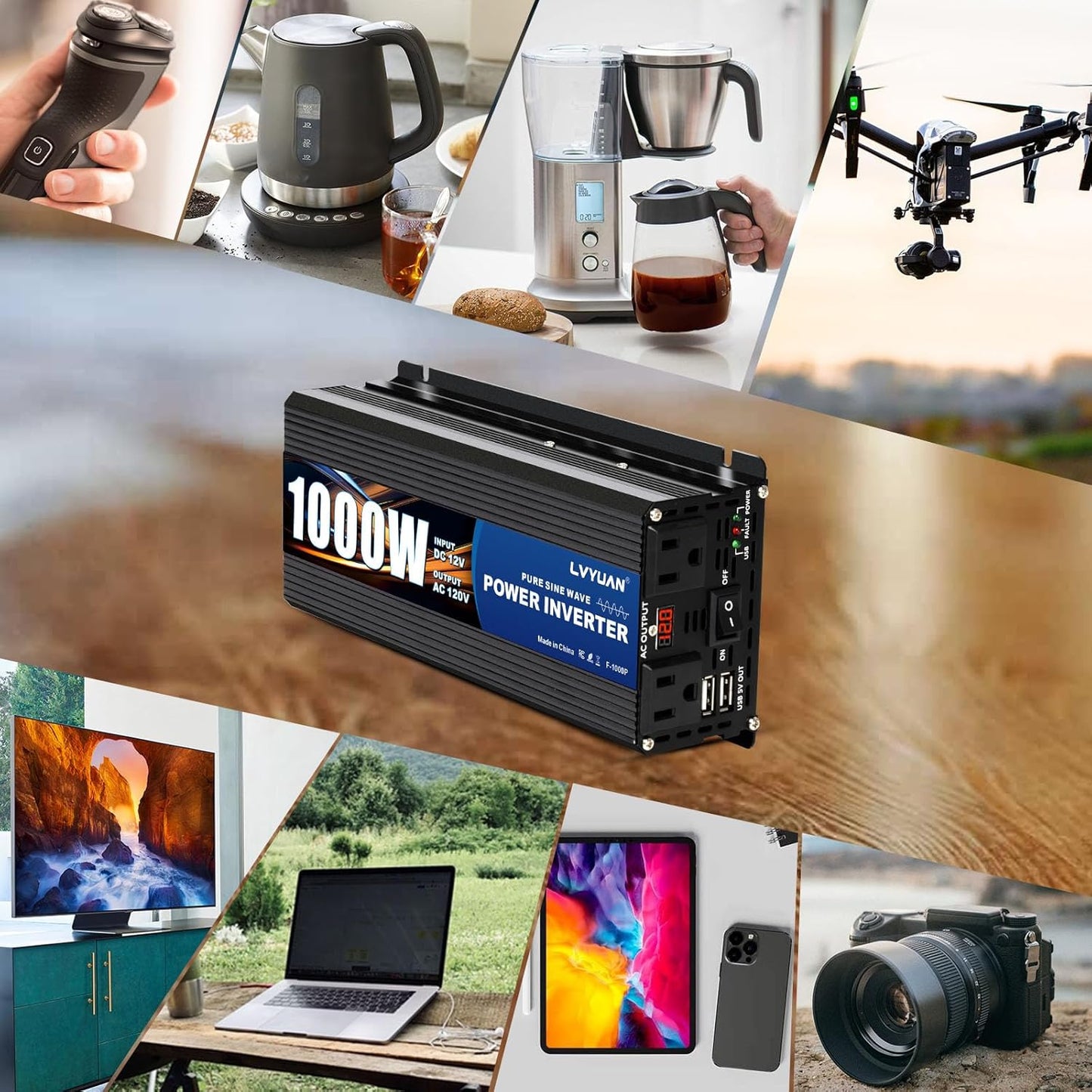 LVYUAN 1000 Watt Pure Sine Wave Power Inverter 12V to 110V/120V DC to AC Converter with Dual Sockets, Dual USB Ports, LED Display for Home Outdoor RV Car Power Inverter Power Adapter