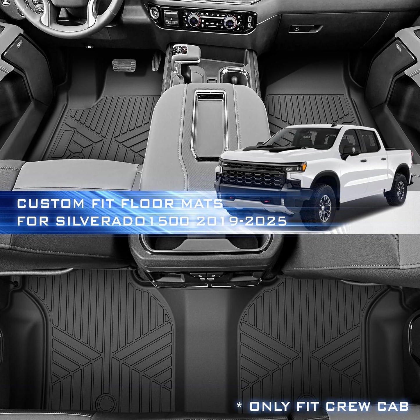 Floor Mats for 2019-2024 2025 Chevy Silverado 1500/GMC Sierra 1500 & 2020-2025 Chevrolet Silverado/Sierra 2500/3500 HD Crew Cab, Fit for 2nd Row with Underseat Storage Box, Front Bucket Seat