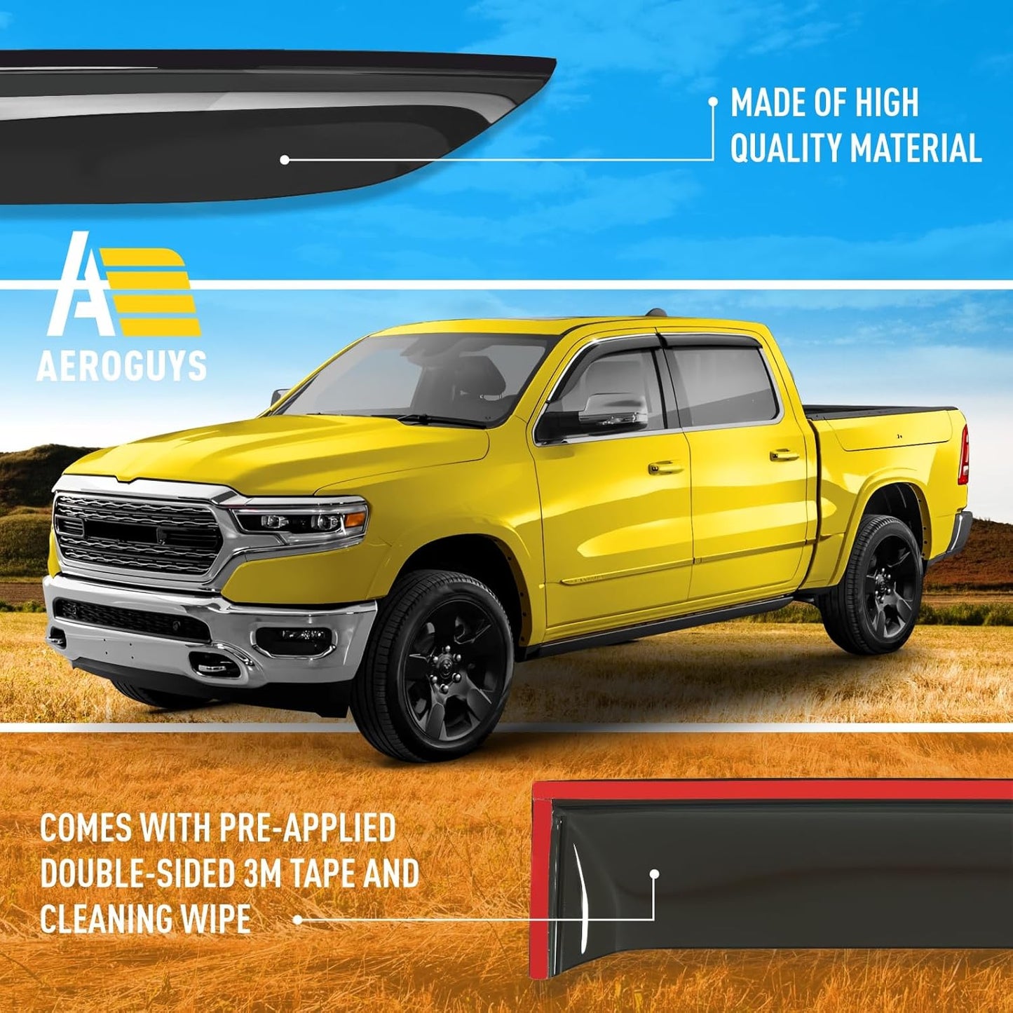 Extra Durable Window Deflectors Chrome Trim Tape-On Window Visors Rain Guards Fit for Dodge Ram 1500 2019-2025 Crew Cab, Sun Visors, Wind Vent for Shades, Exterior Car Accessories - 4pcs. AG0178
