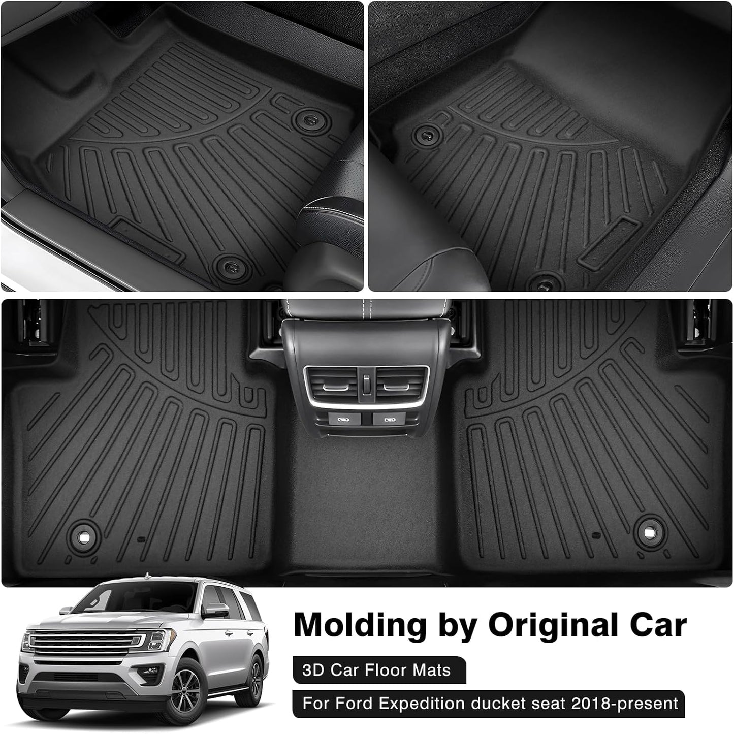 Powerty Floor Mats for 2018-2024 Ford Expedition with 2nd Row Bucket Seats Accessories All Weather Floor Liner 3D TPE 1st & 2nd Row Floor Mat Heavy-Duty Floor Liners