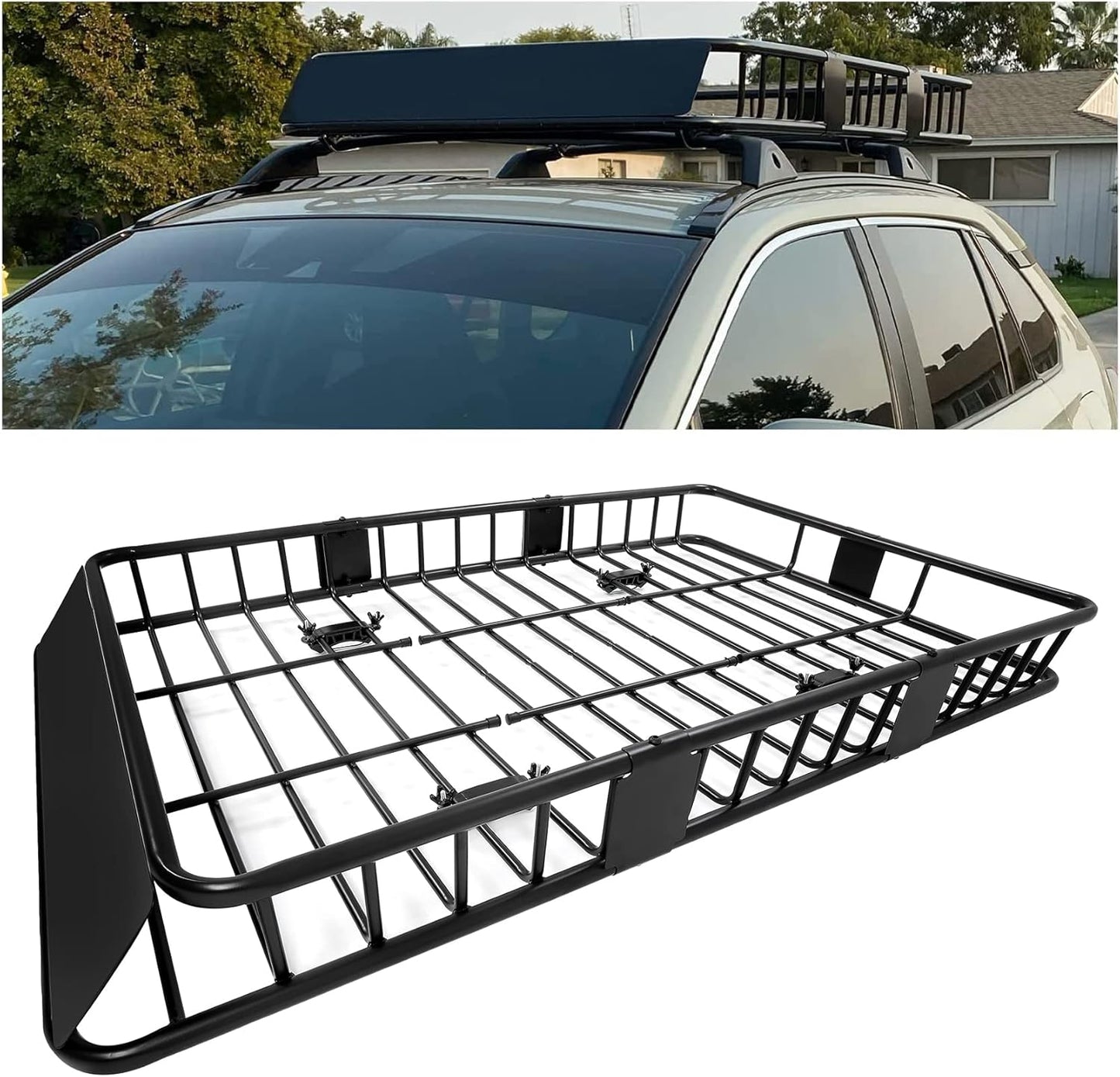 ECOTRIC 67" x 39" x 5.1'' Universal Roof Rack Cargo Carrier Basket with Extension Heavy Duty Steel Car SUV Top Luggage Storage Holder Basket for Travel 550LBS Weight Capacity