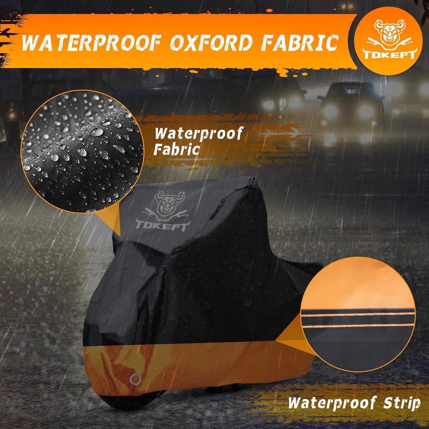 Motorcycle Cover, All-Season Waterproof Outdoor Sun Protection Fit up to 86 Inch Harley-Davidson Honda Suzuki Kawasaki Yamaha (M Black&Orange)