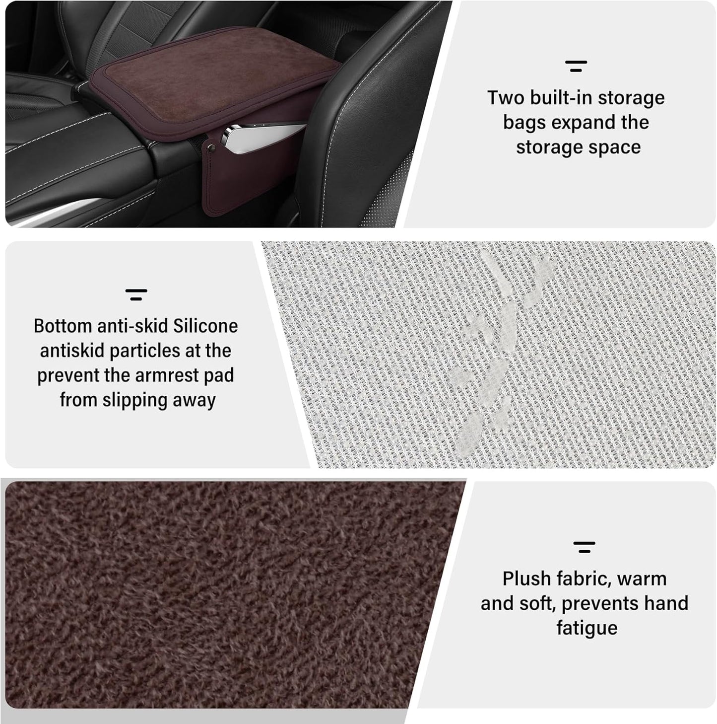 SINGARO Car Leather Center Console Cover with 2 Storage Bags, Universal Furry Fluffy Car Armrest Seat Box Pad, Comfortable Car Interior Accessories, Fits for Most Vehicles (Brown)